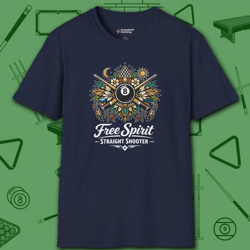 Free Spirit Billiards T-Shirt, in Navy color, pool shirt, front view