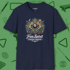 Free Spirit Billiards T-Shirt, in Navy color, pool shirt, front view