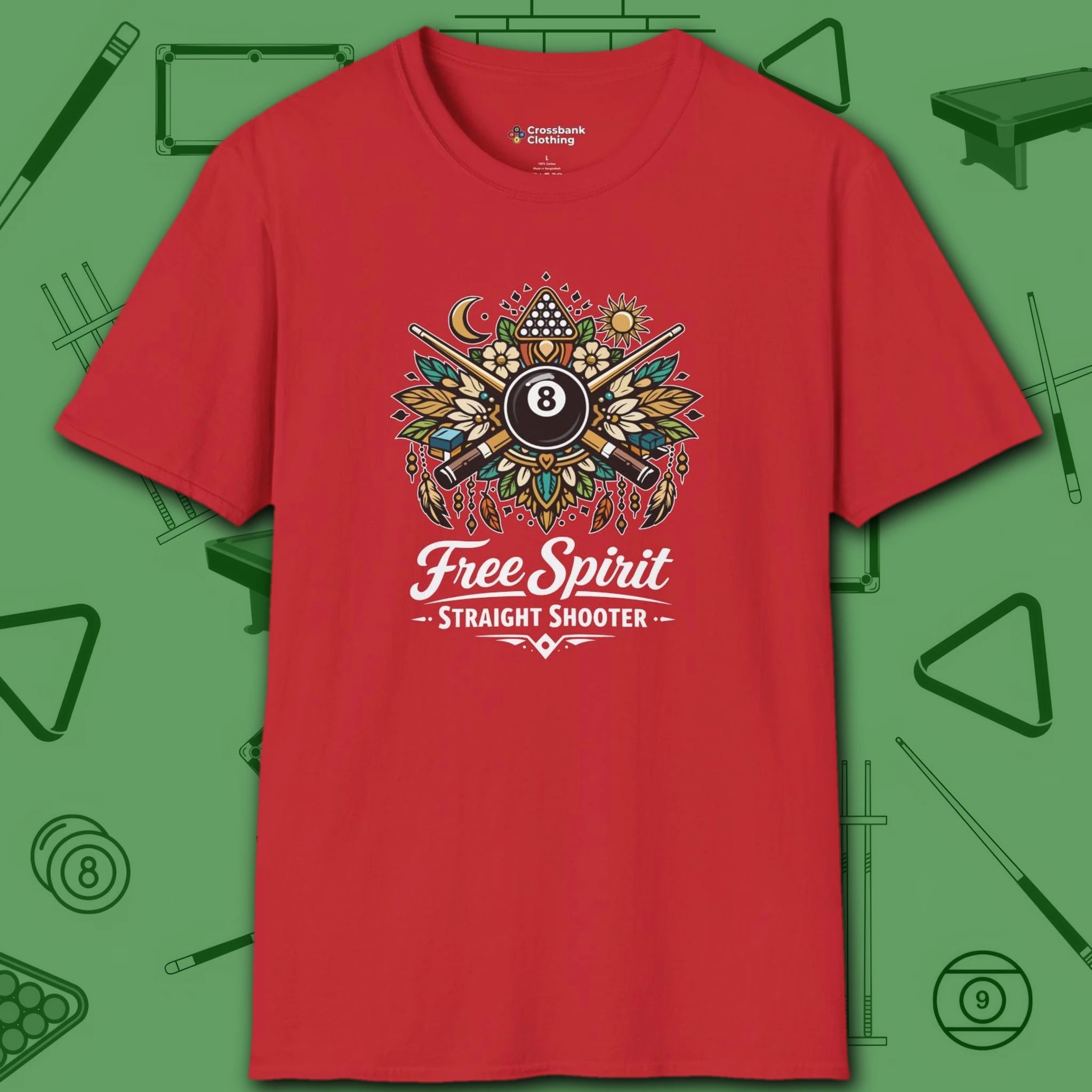 Free Spirit Billiards T-Shirt, in Red color, pool shirt, front view