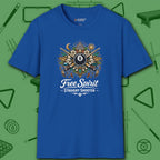 Free Spirit Billiards T-Shirt, in Royal color, pool shirt, front view