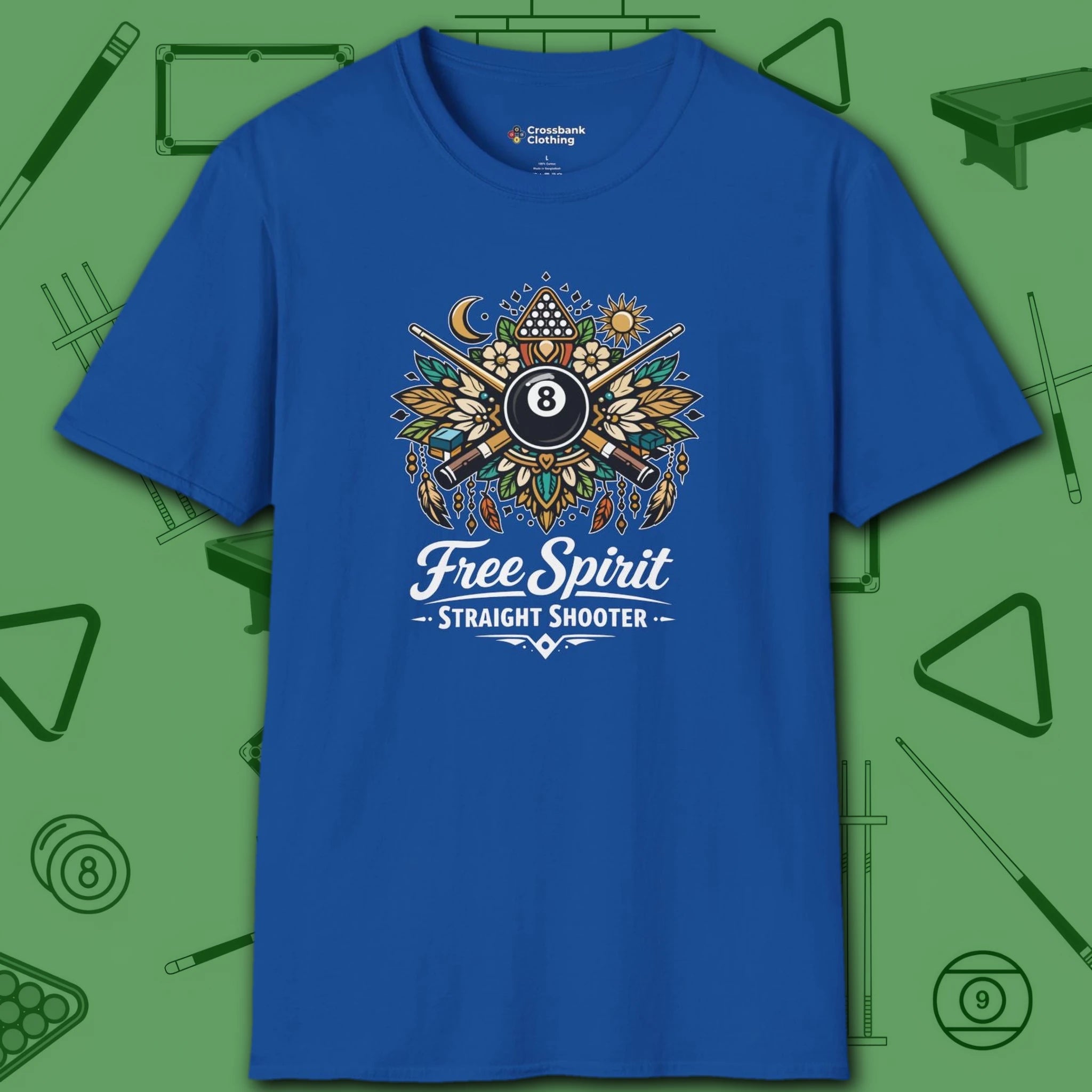 Free Spirit Billiards T-Shirt, in Royal color, pool shirt, front view