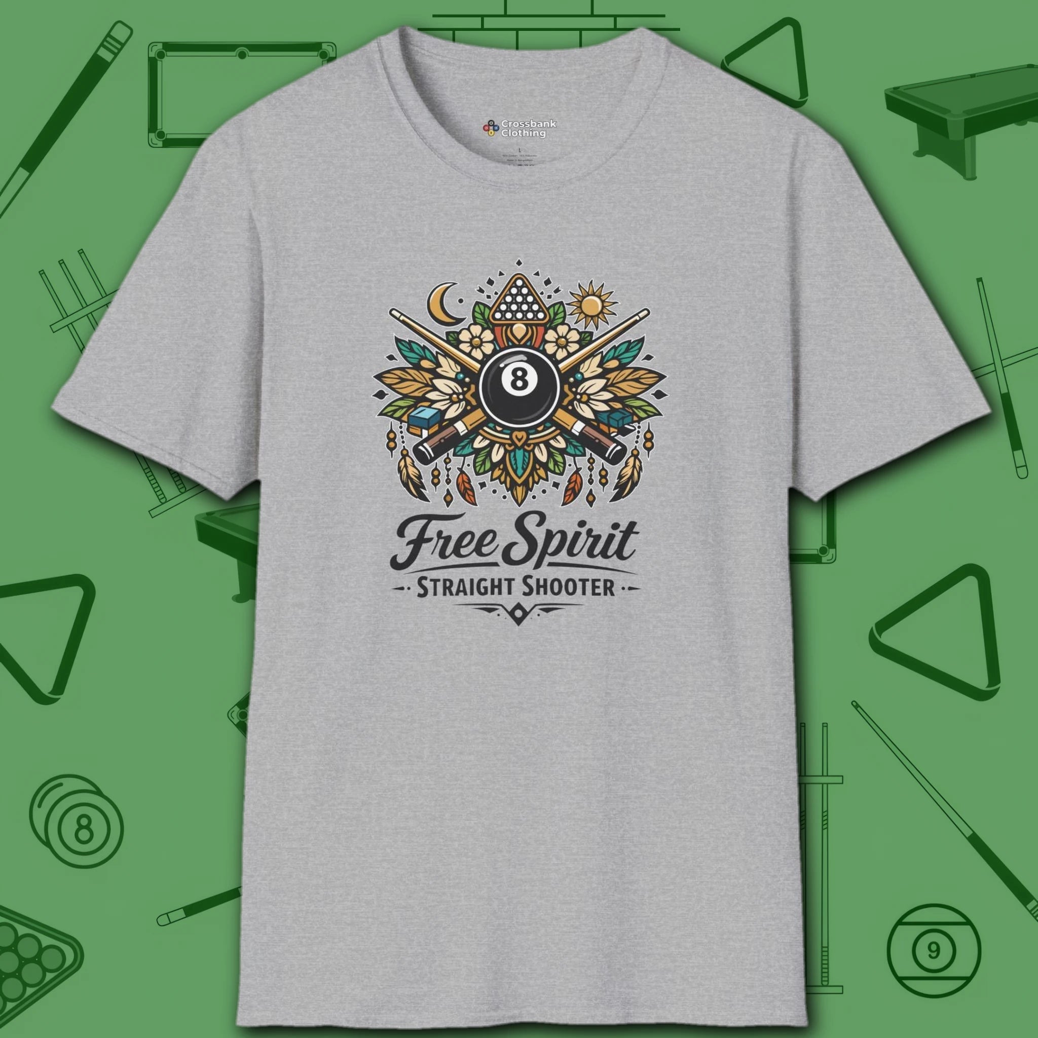 Free Spirit Billiards T-Shirt, in Sport Grey color, pool shirt, front view