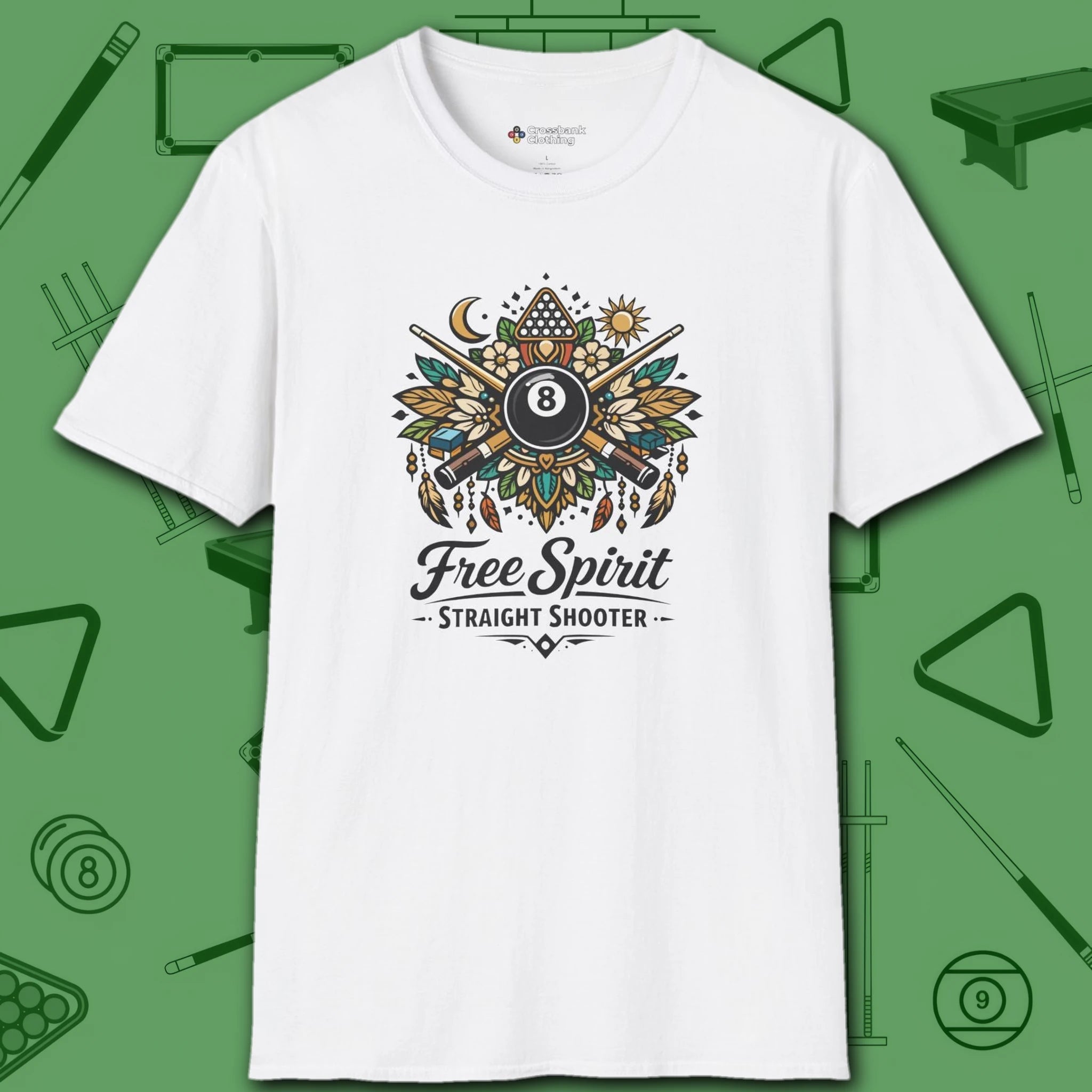 Free Spirit Billiards T-Shirt, in White color, pool shirt, front view