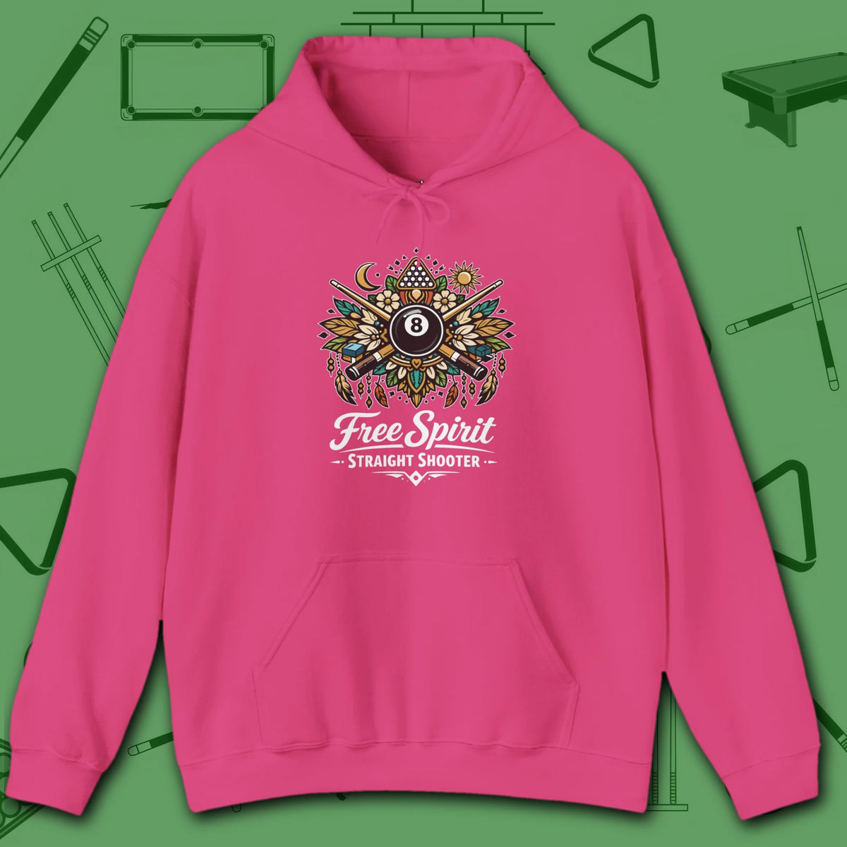 Free Spirit Straight Shooter Hoodie, in Heliconia color, billiards hoodie, front view