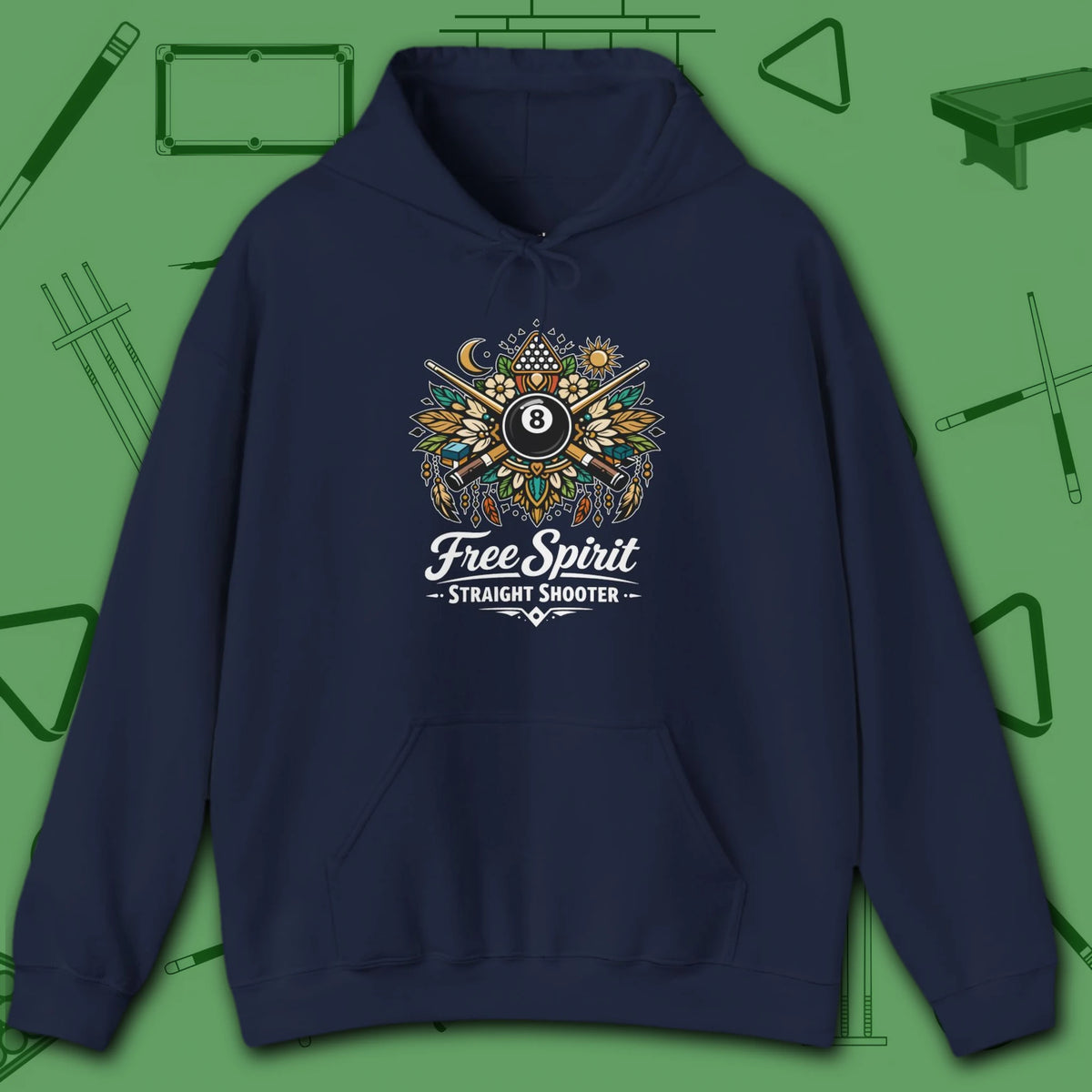 Free Spirit Straight Shooter Hoodie, in Navy color, billiards hoodie, front view