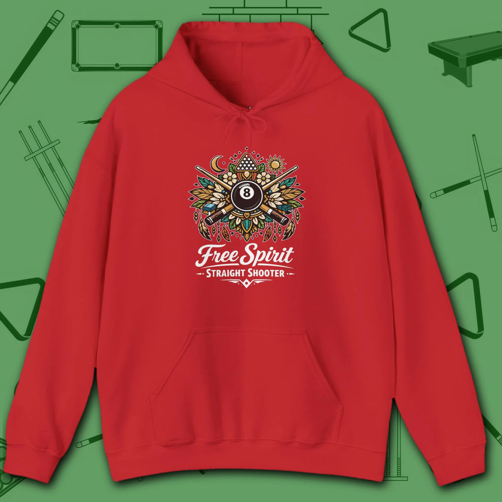 Free Spirit Straight Shooter Hoodie, in Red color, billiards hoodie, front view