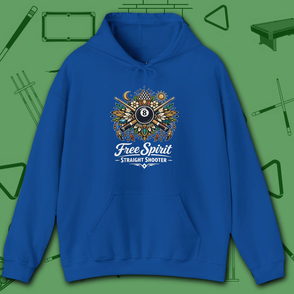 Free Spirit Straight Shooter Hoodie, in Royal color, billiards hoodie, front view
