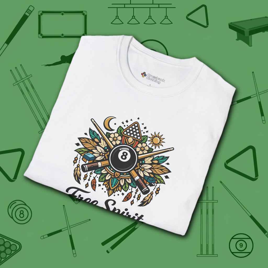 Free Spirit Straight Shooter T-Shirt, in White color, billiards shirt, folded view