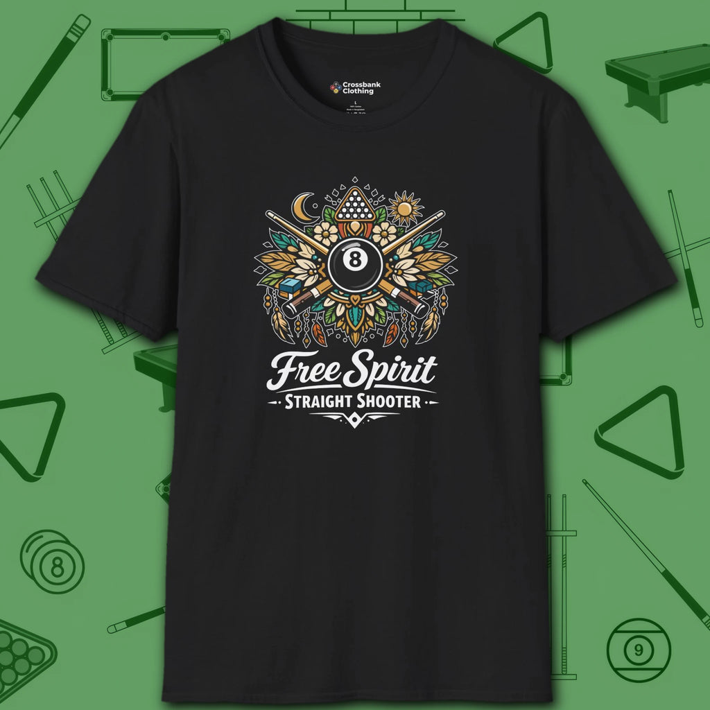 Free Spirit Straight Shooter T-Shirt, in Black color, billiards shirt, front view
