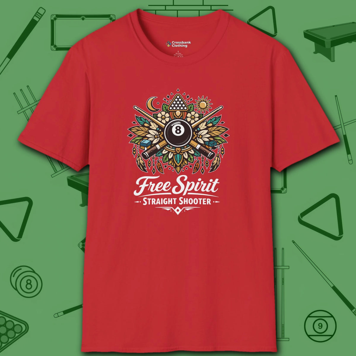 Free Spirit Straight Shooter T-Shirt, in Red color, billiards shirt, front view