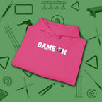Game On Hoodie, in Heliconia color, billiards shirt, folded view