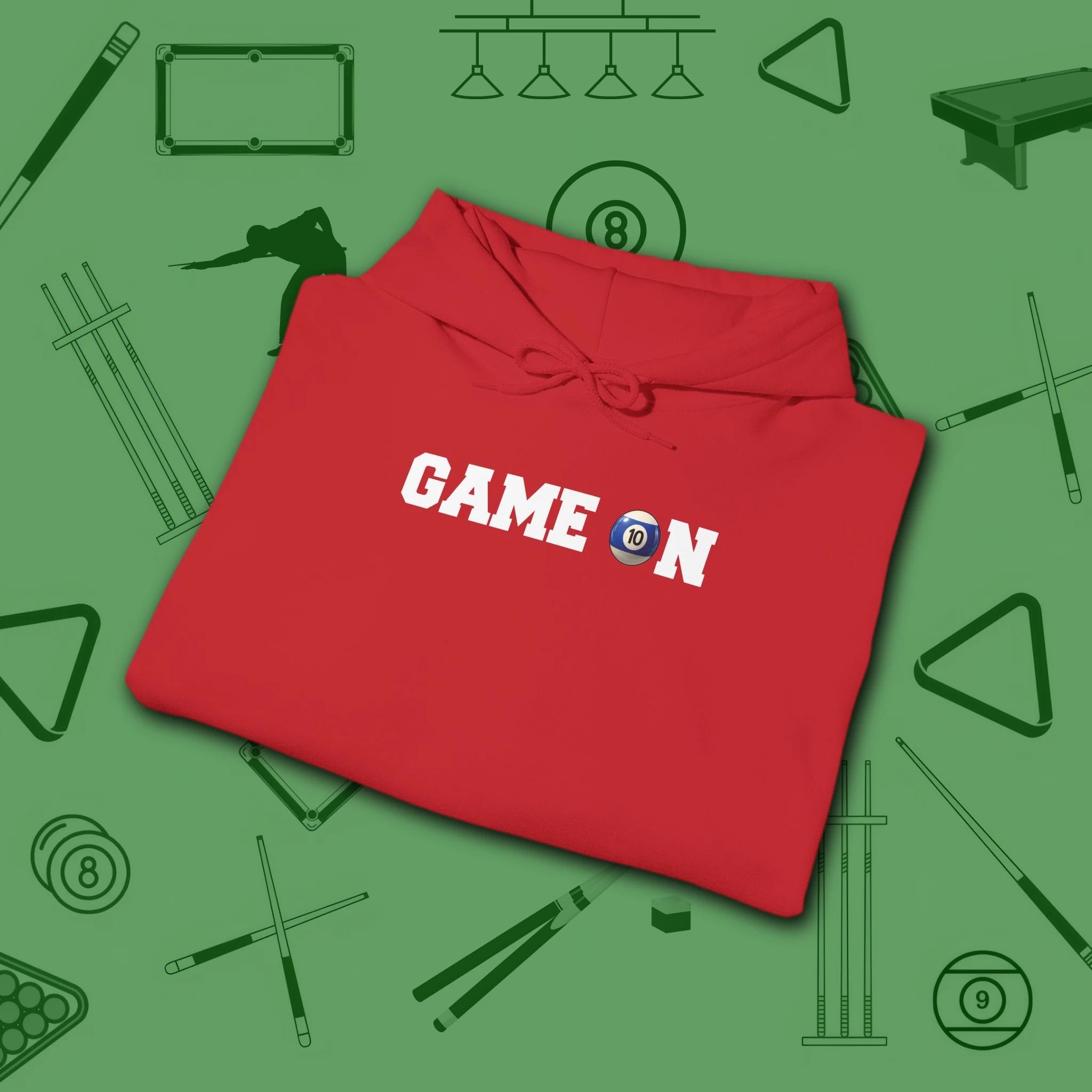 Game On Hoodie, in Red color, billiards shirt, folded view
