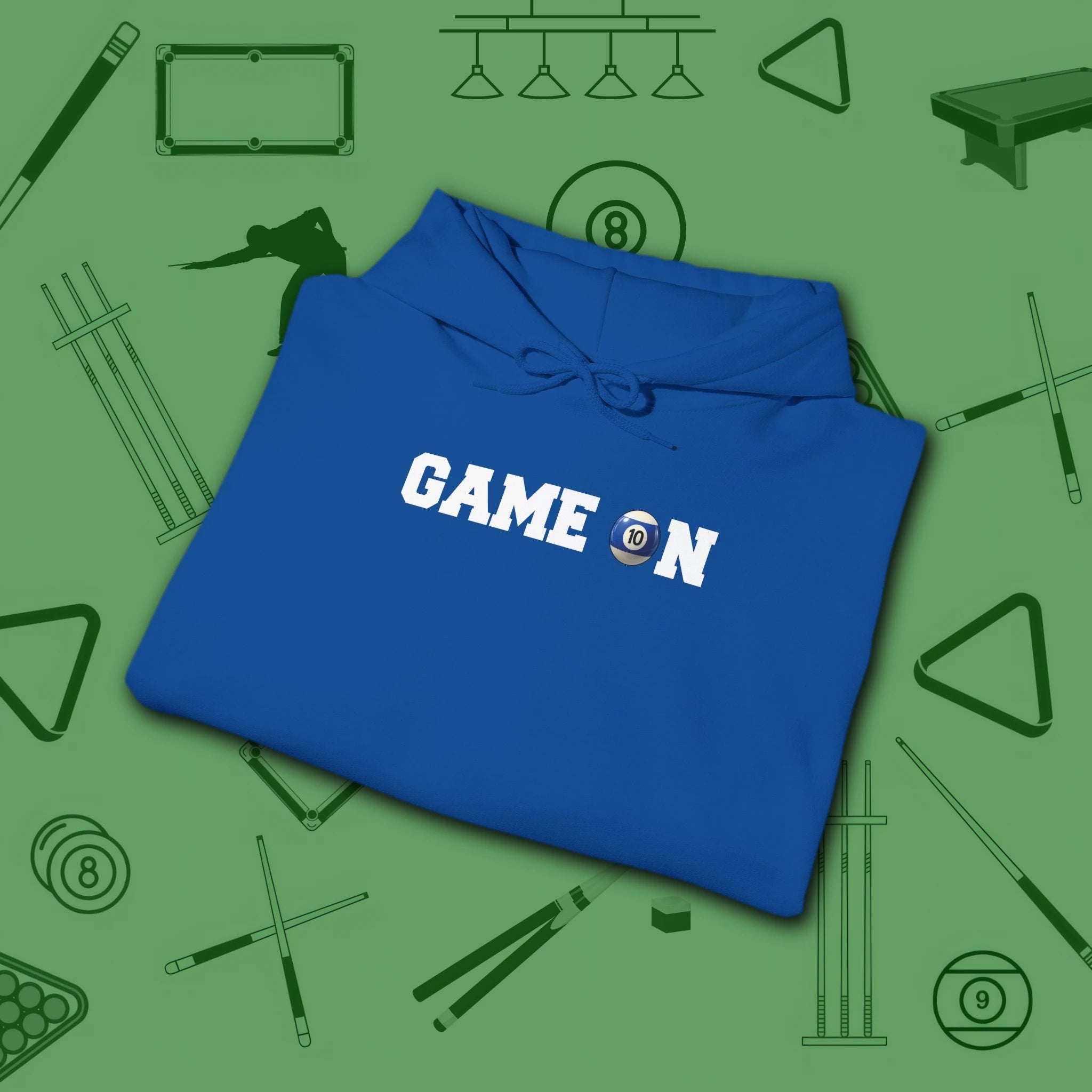 Game On Hoodie, in Royal color, billiards shirt, folded view