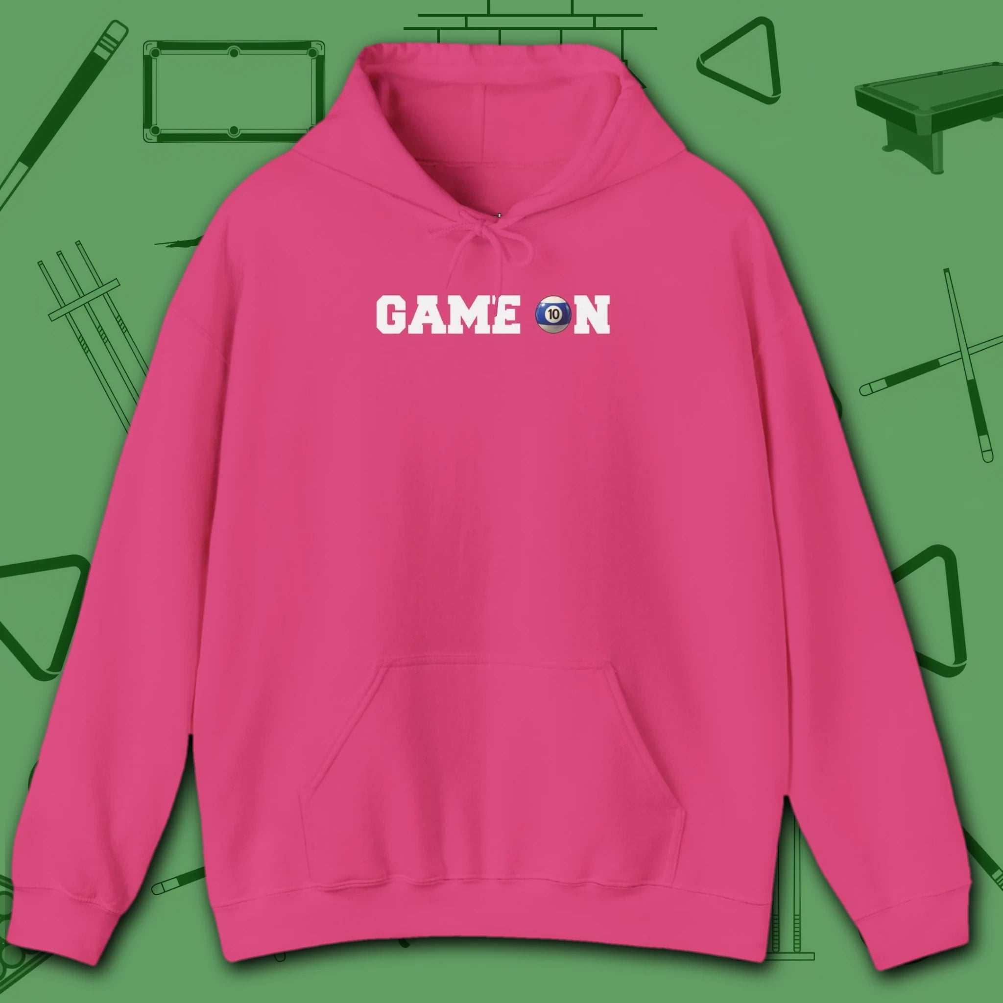 Game On Hoodie, in Heliconia color, billiards shirt, front view