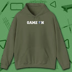 Game On Hoodie, in Military Green color, billiards shirt, front view