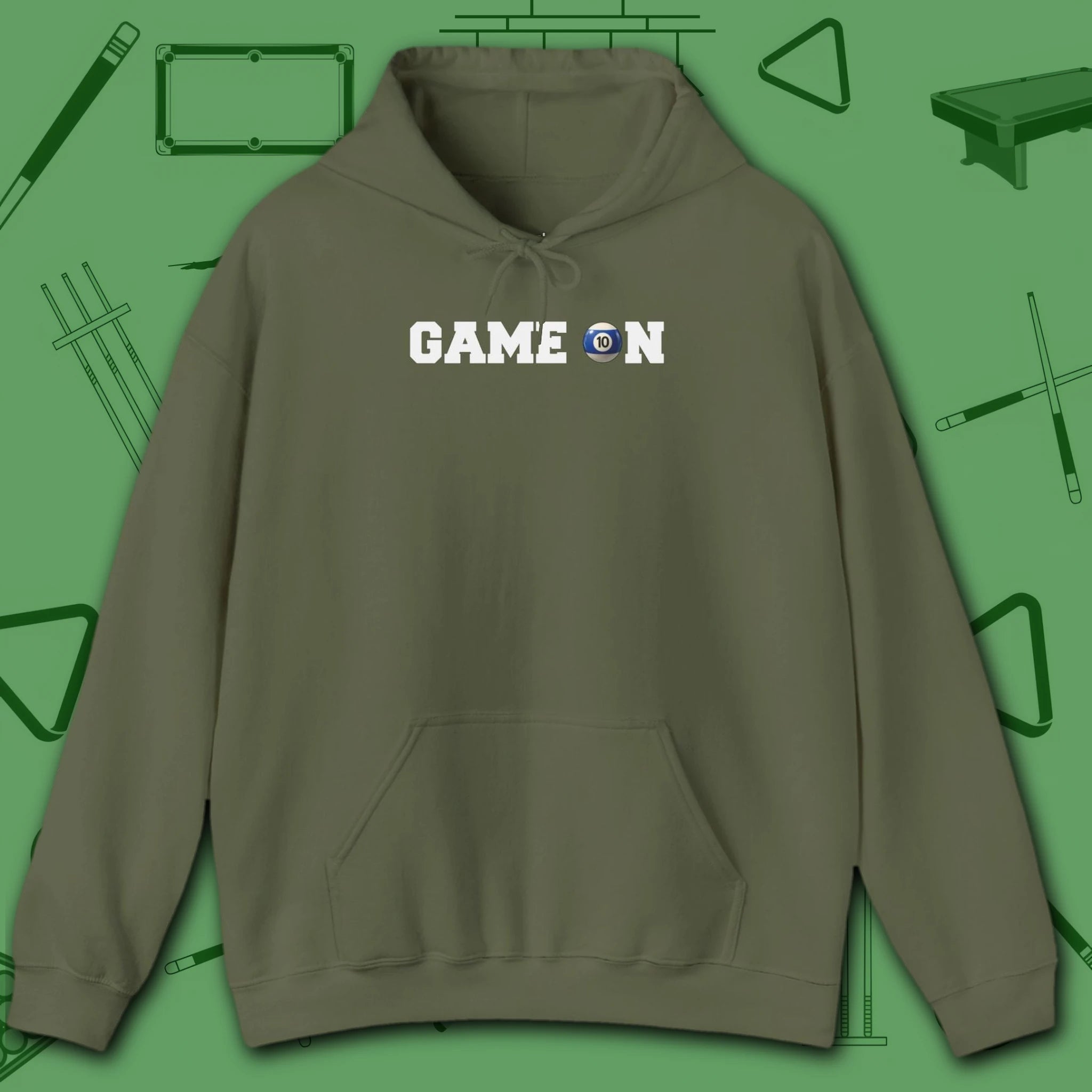 Game On Hoodie, in Military Green color, billiards shirt, front view