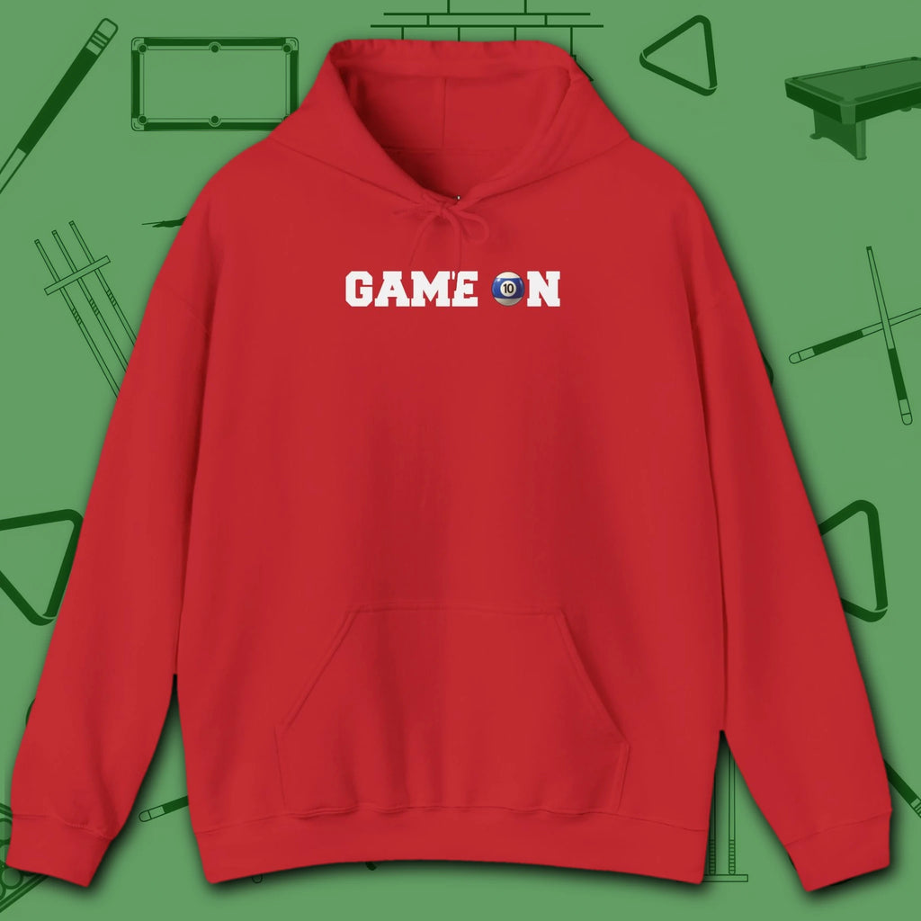 Game On Hoodie, in Red color, billiards shirt, front view