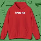 Game On Hoodie, in Red color, billiards shirt, front view