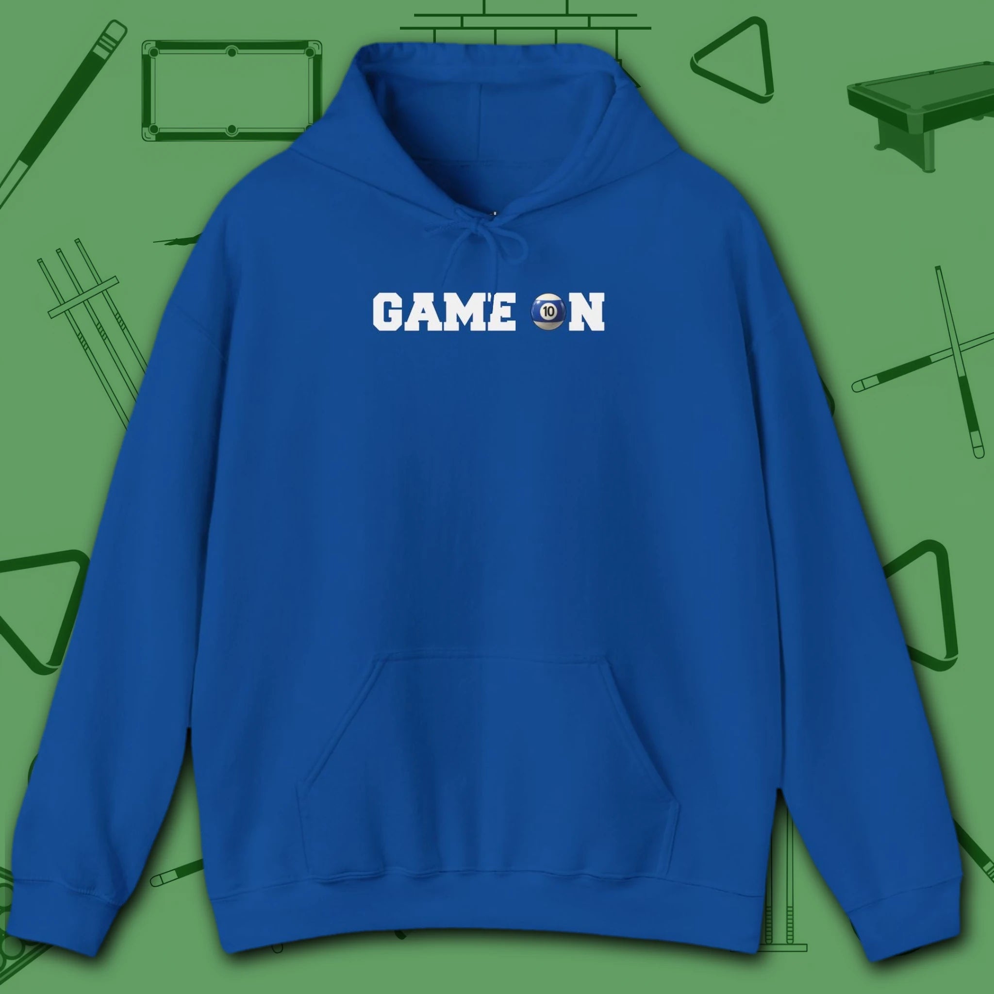 Game On Hoodie, in Royal color, billiards shirt, front view