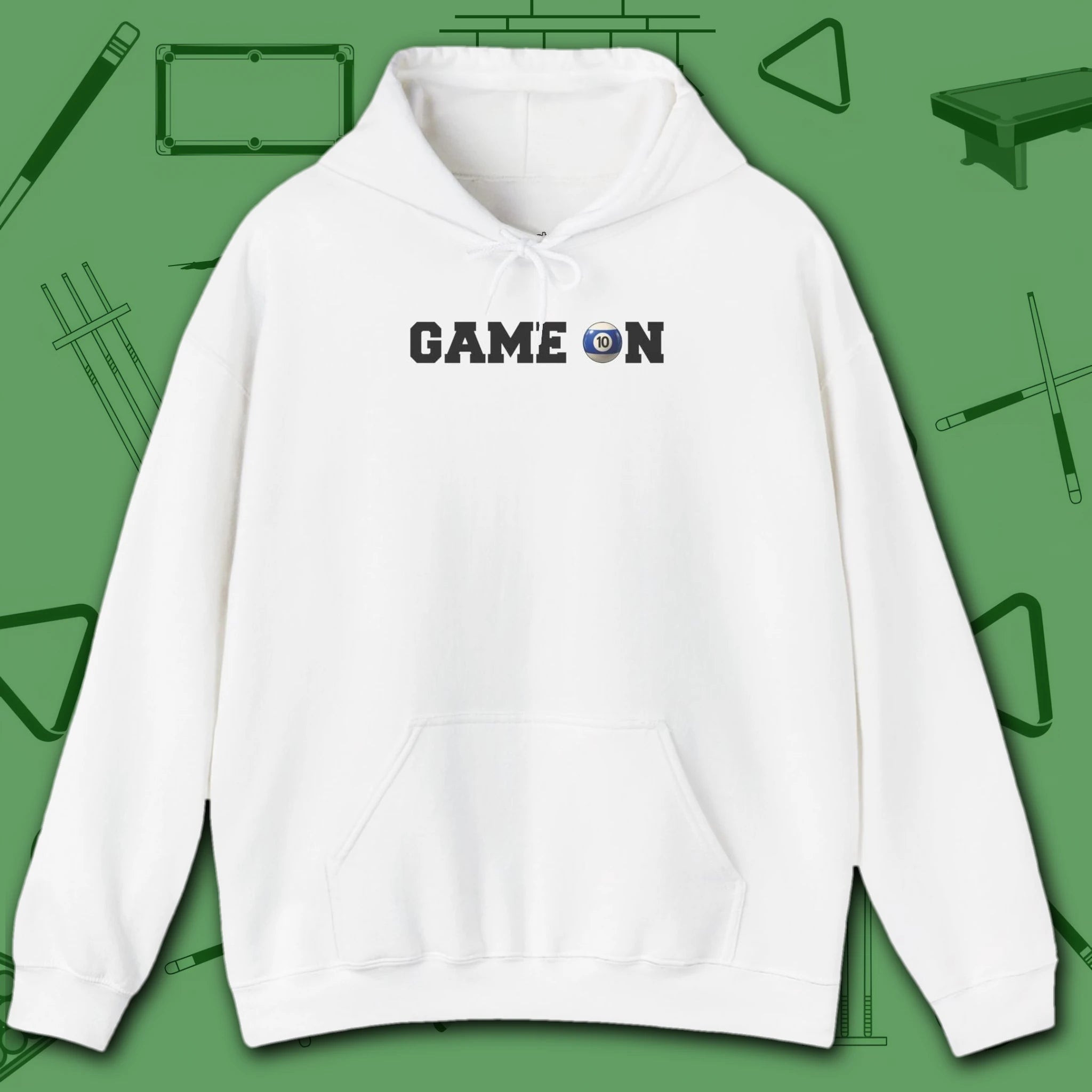 Game On Hoodie, in White color, billiards shirt, front view