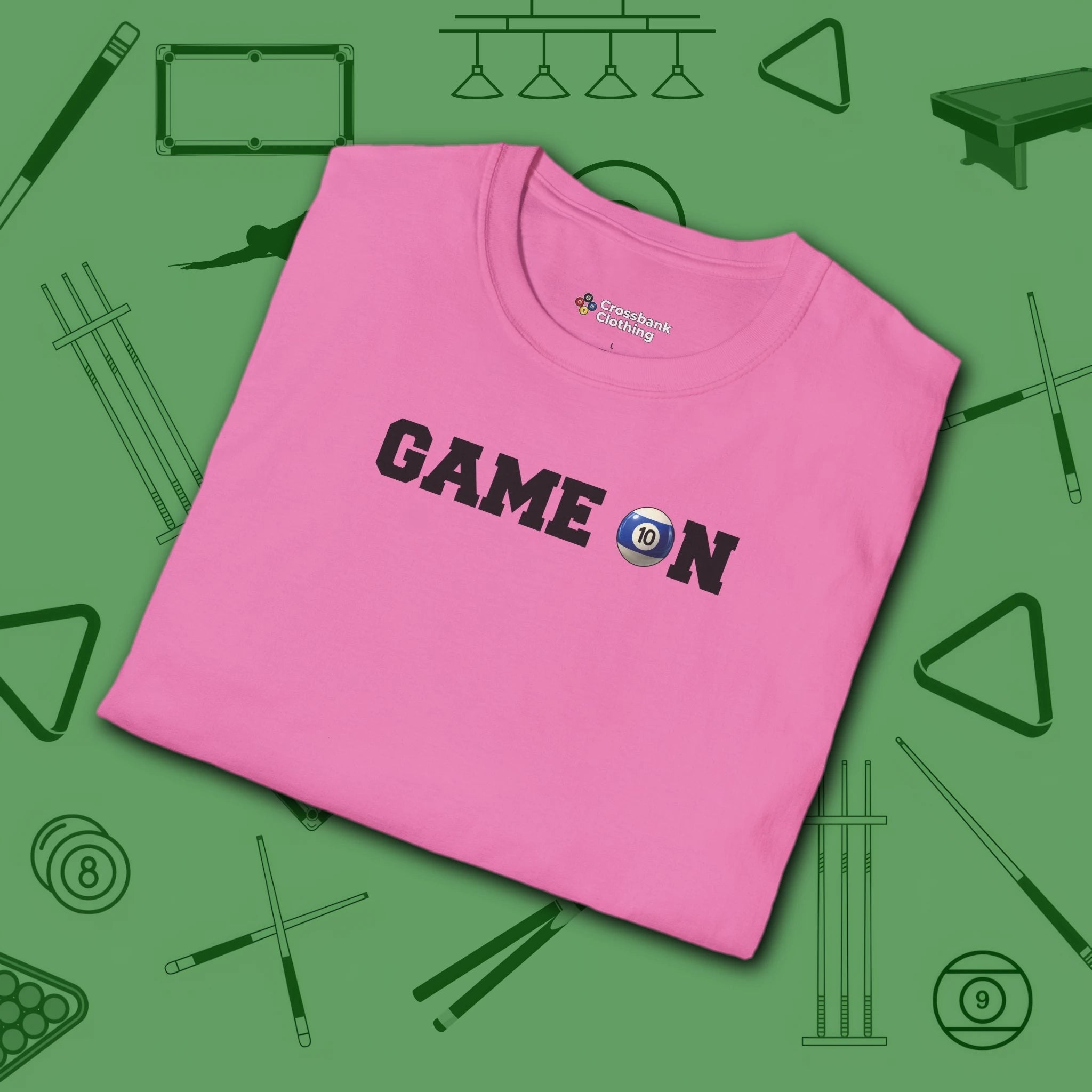 Game On T-Shirt, in Azalea color, billiards shirt, folded view