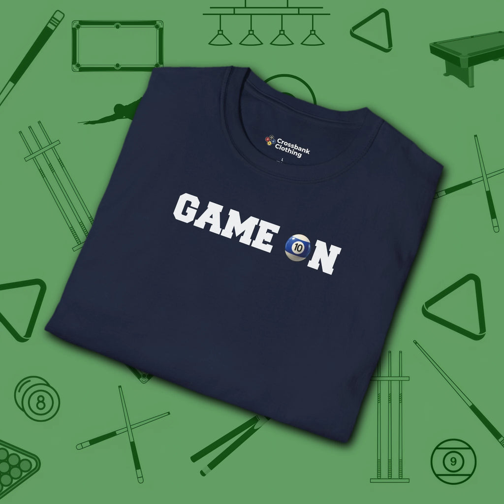 Game On T-Shirt, in Navy color, billiards shirt, folded view