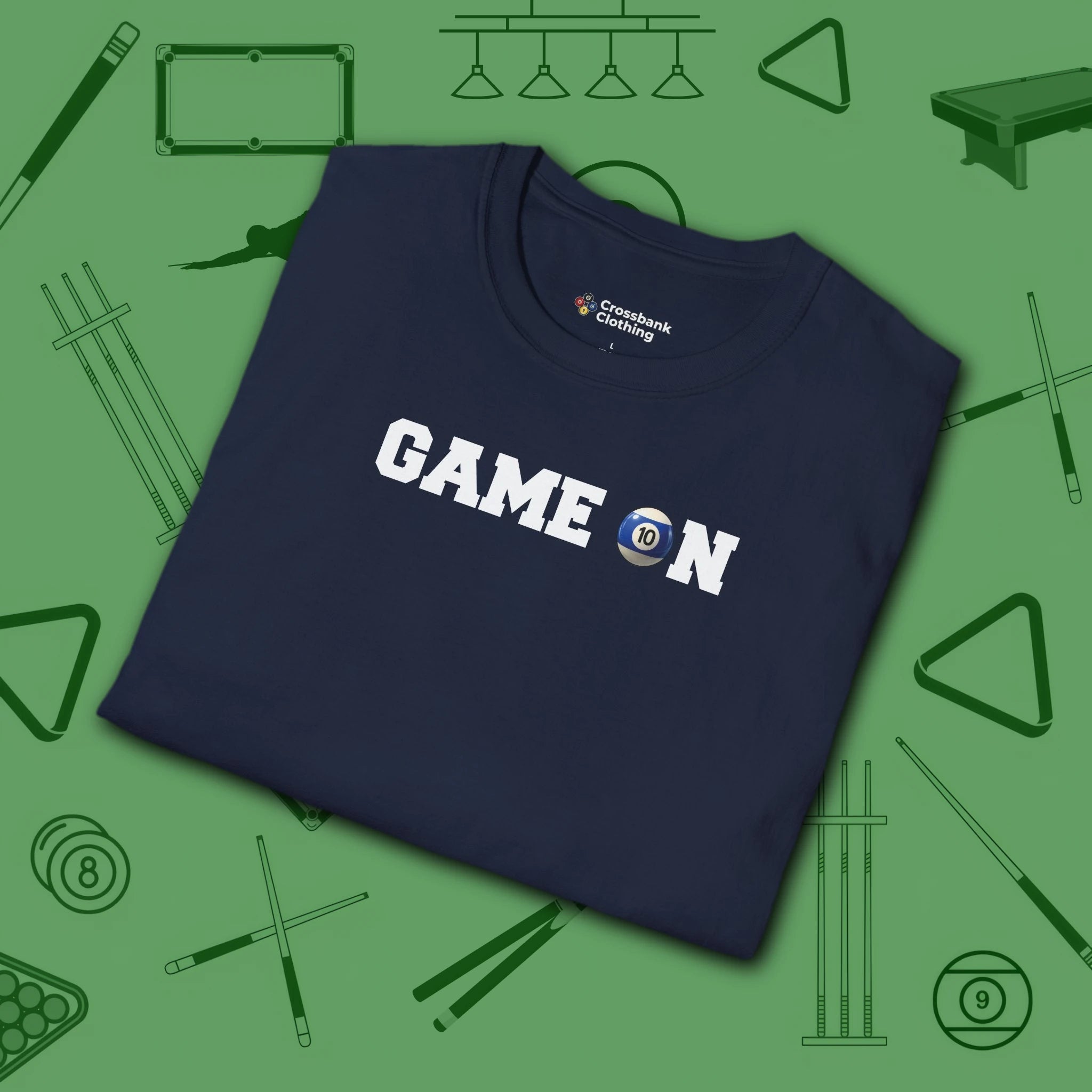 Game On T-Shirt, in Navy color, billiards shirt, folded view