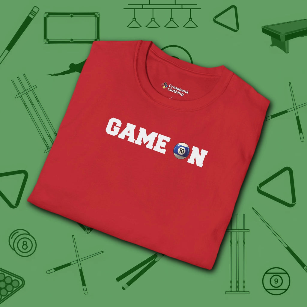 Game On T-Shirt, in Red color, billiards shirt, folded view