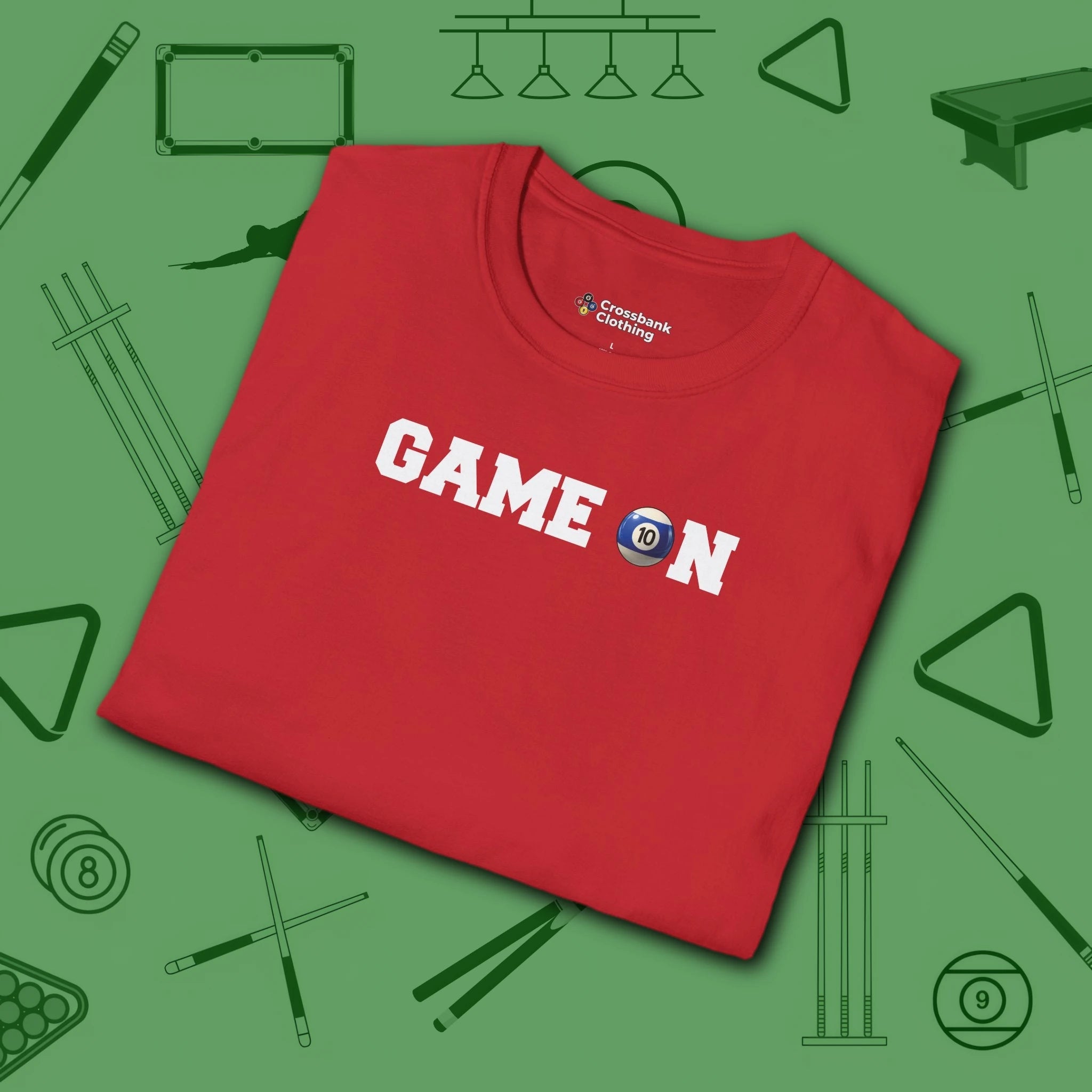 Game On T-Shirt, in Red color, billiards shirt, folded view