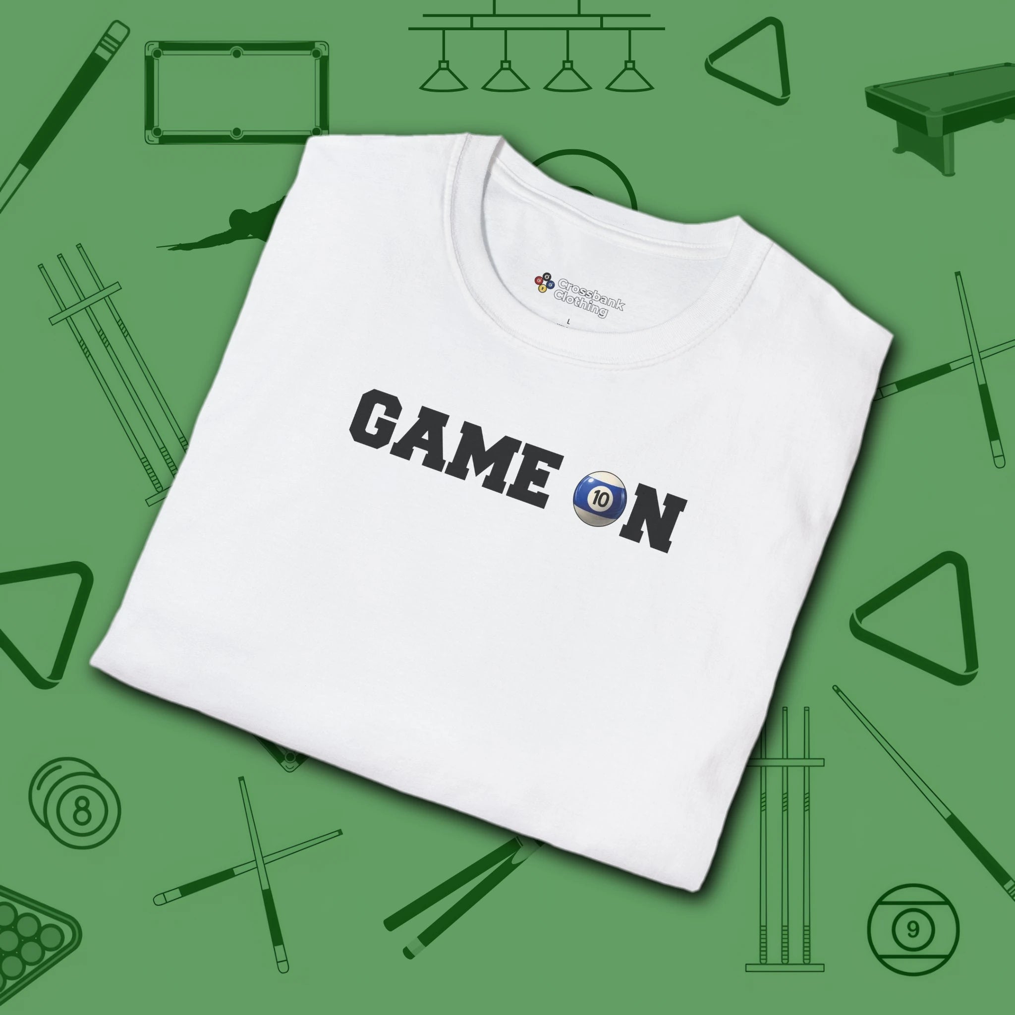 Game On T-Shirt, in White color, billiards shirt, folded view