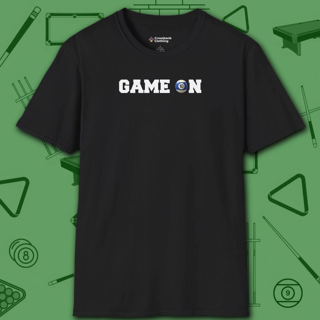 Game On T-Shirt, in Black color, billiards shirt, front view
