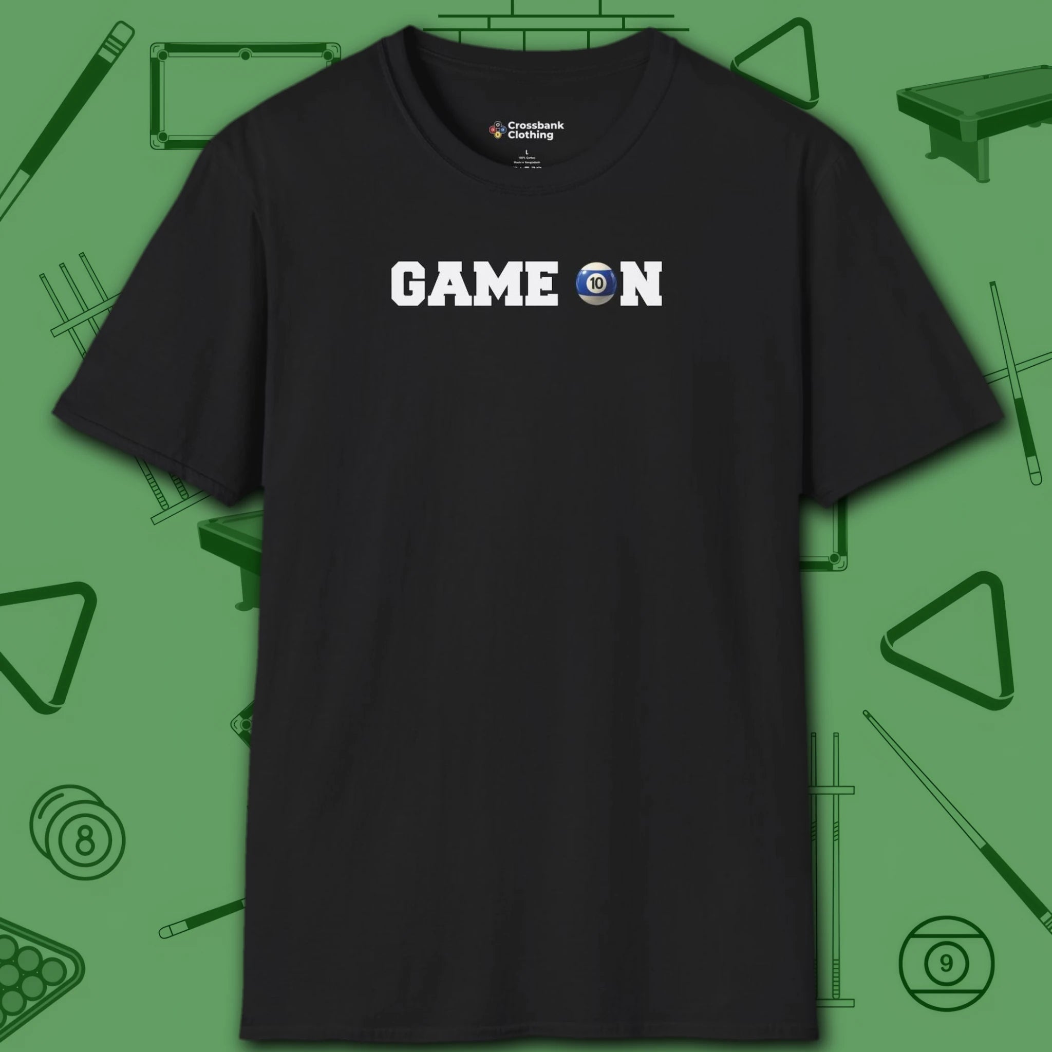 Game On T-Shirt, in Black color, billiards shirt, front view