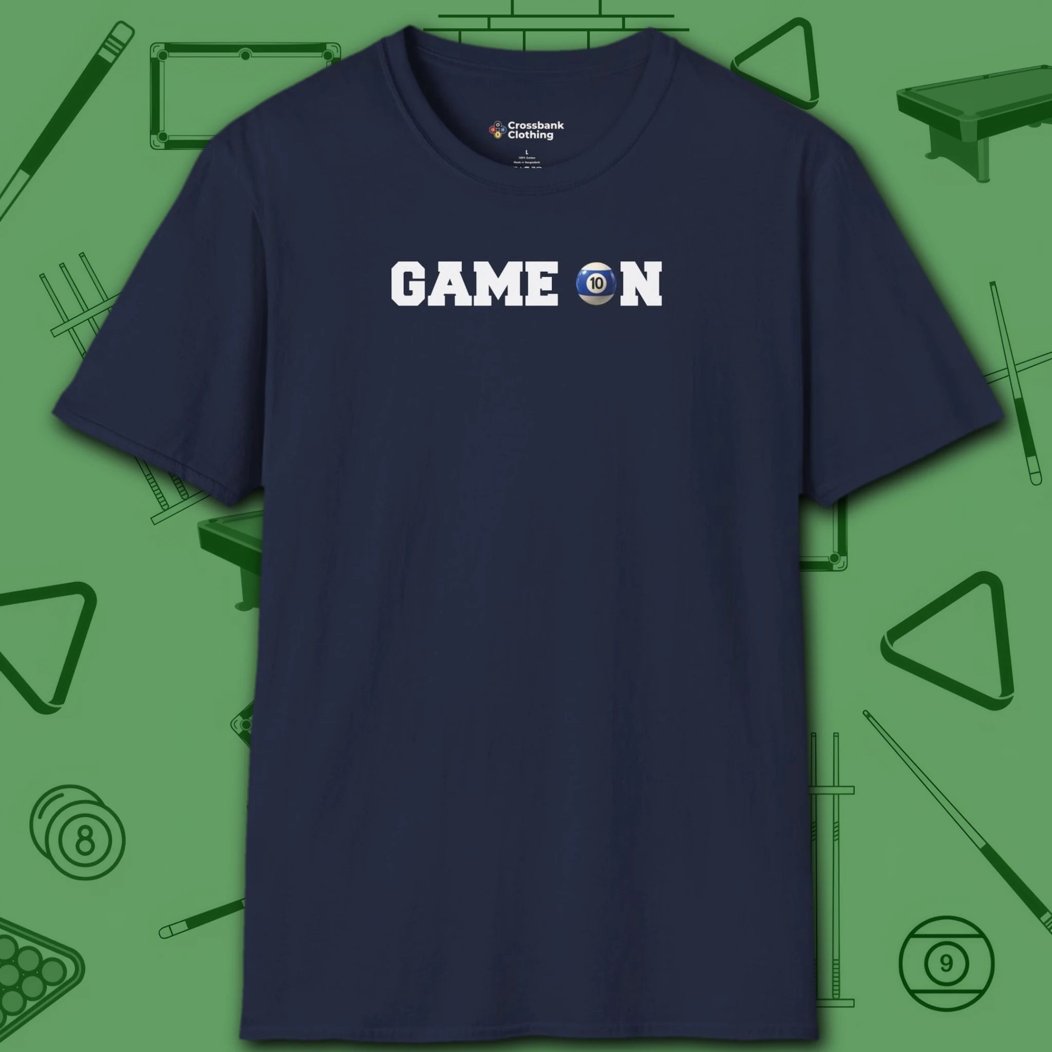 Game On T-Shirt, in Navy color, billiards shirt, front view