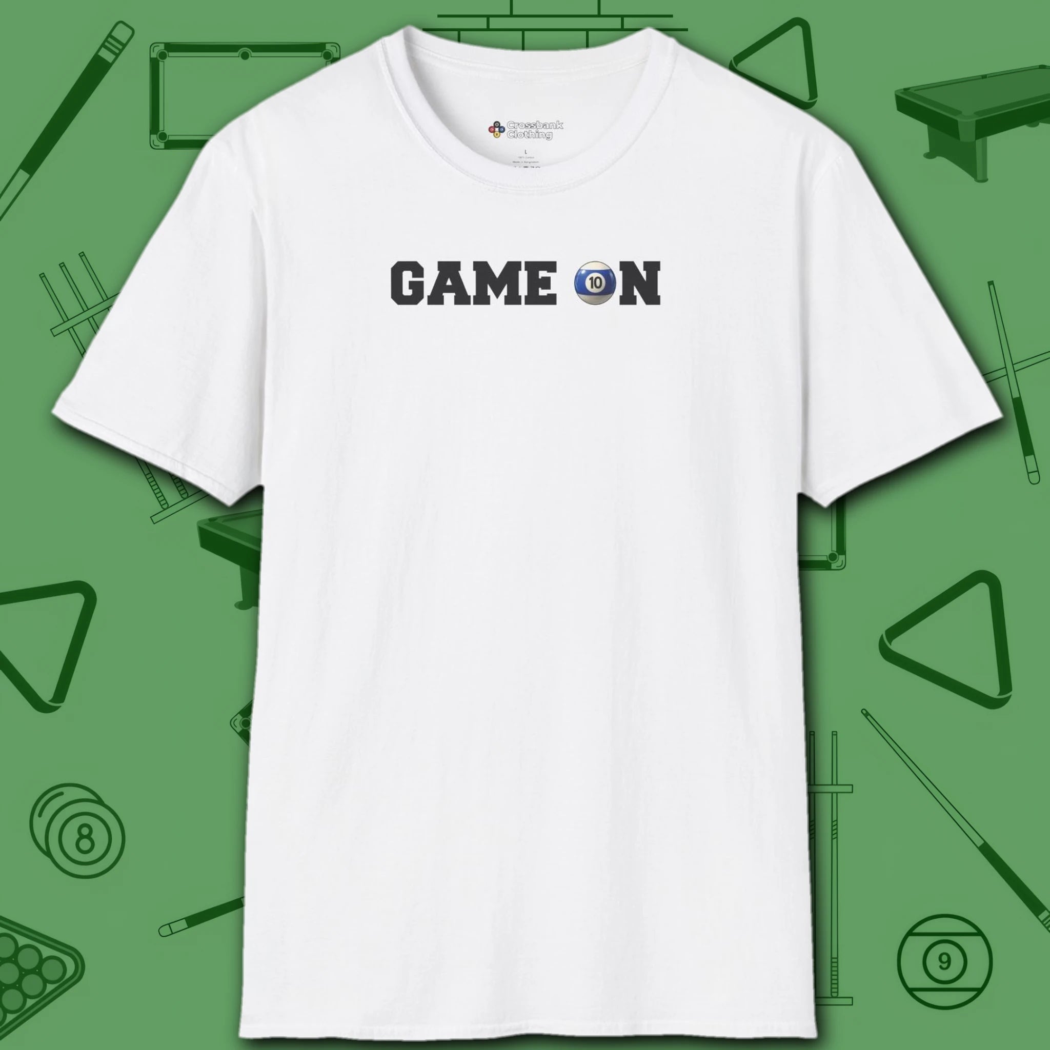 Game On T-Shirt, in White color, billiards shirt, front view