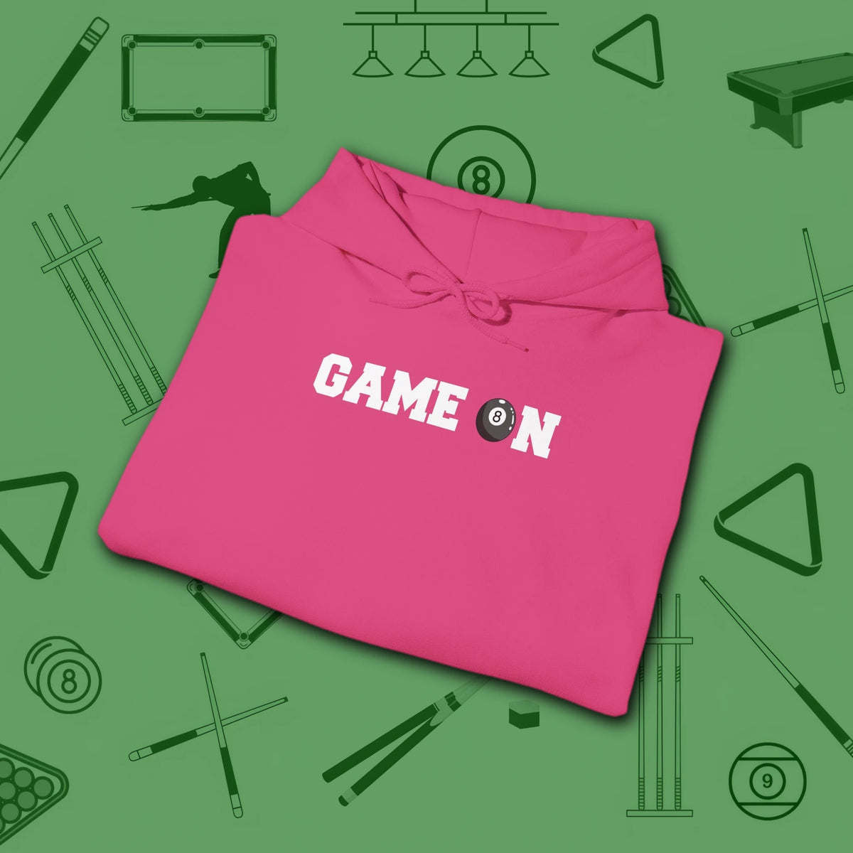 Game On Hoodie, in Heliconia color, billiards shirt, folded view