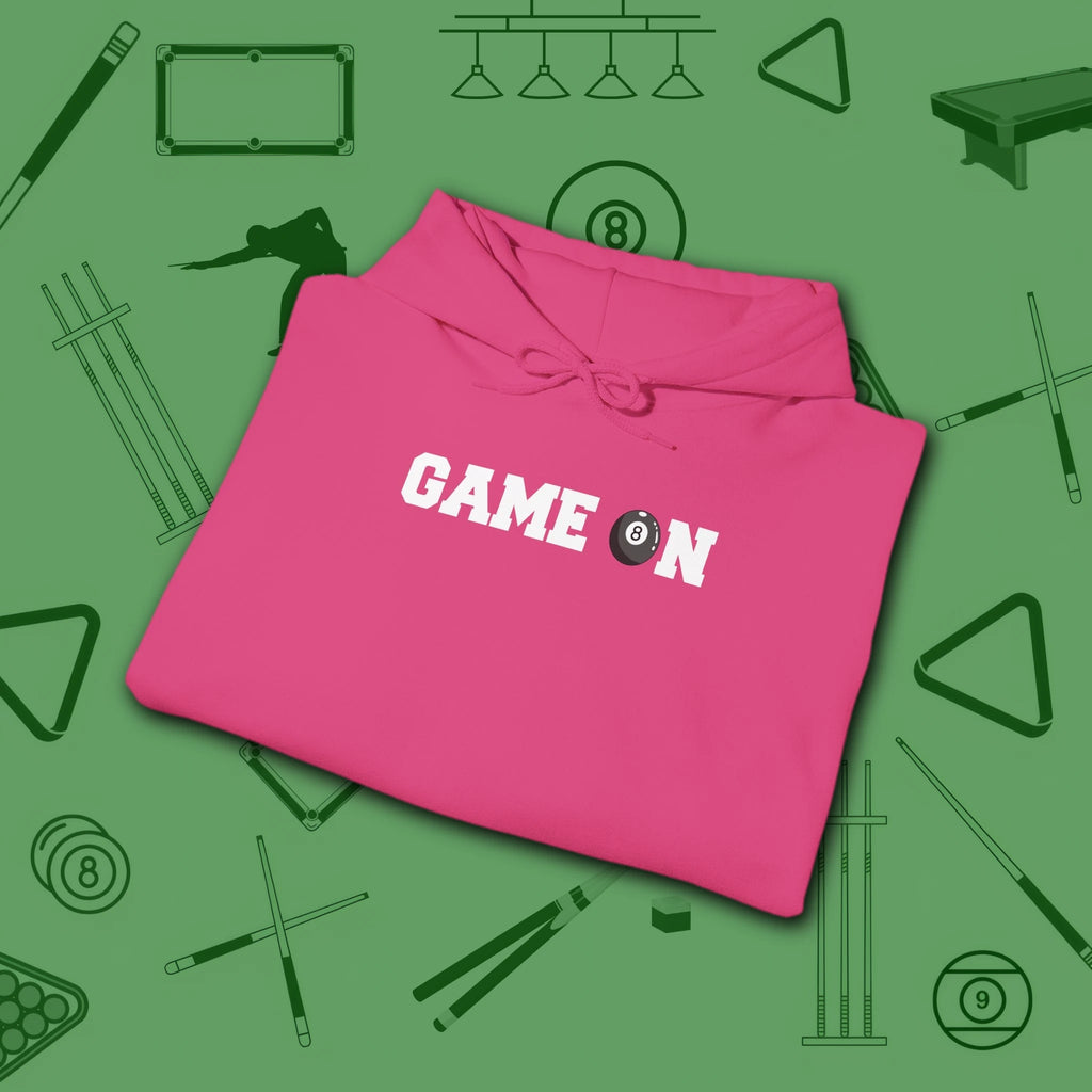 Game On Hoodie, in Heliconia color, billiards shirt, folded view