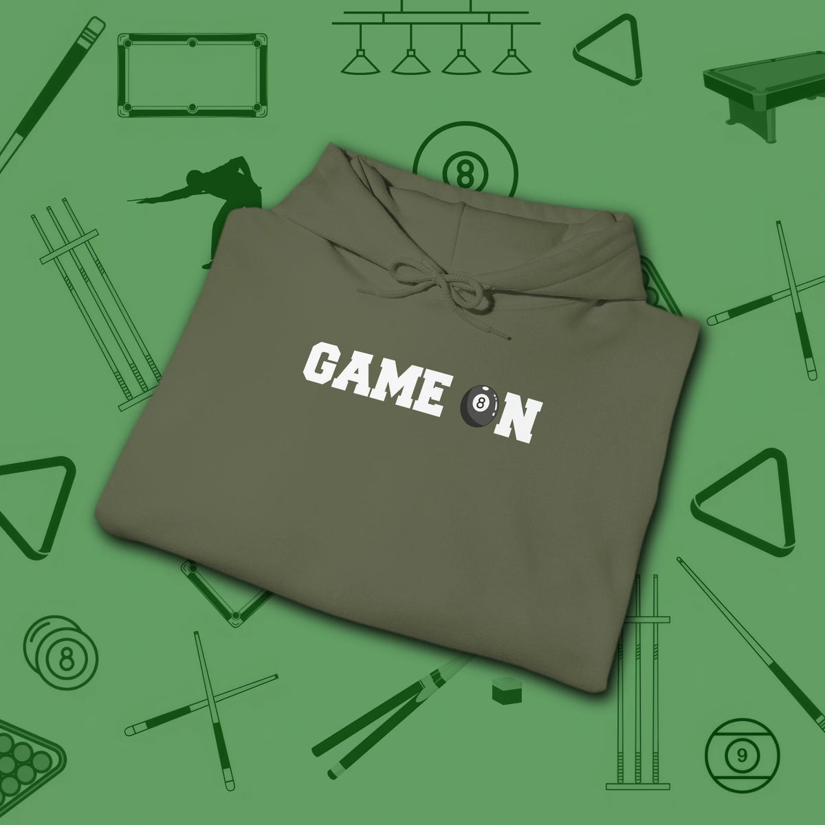 Game On Hoodie, in Military Green color, billiards shirt, folded view