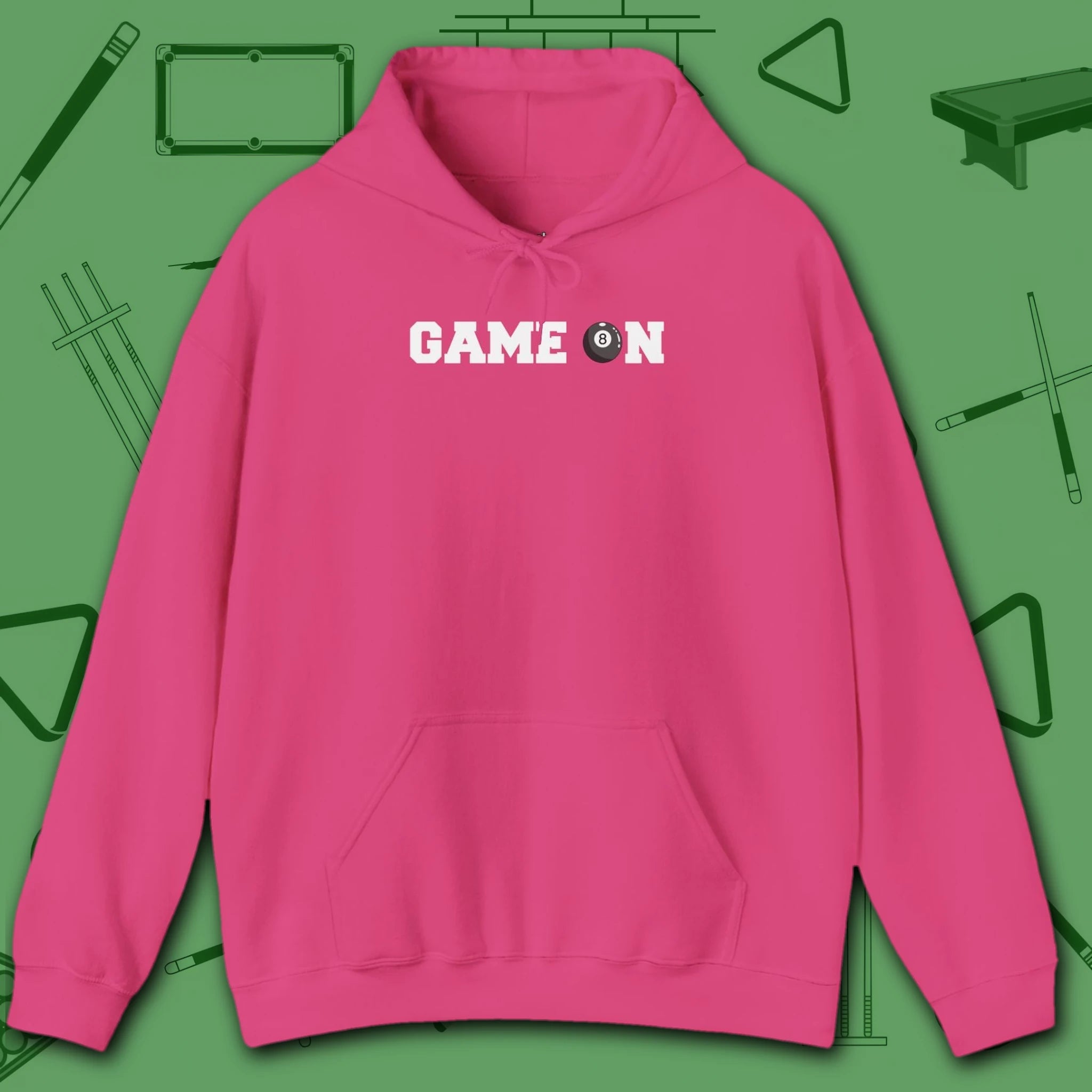 Game On Hoodie, in Heliconia color, billiards shirt, front view