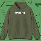 Game On Hoodie, in Military Green color, billiards shirt, front view
