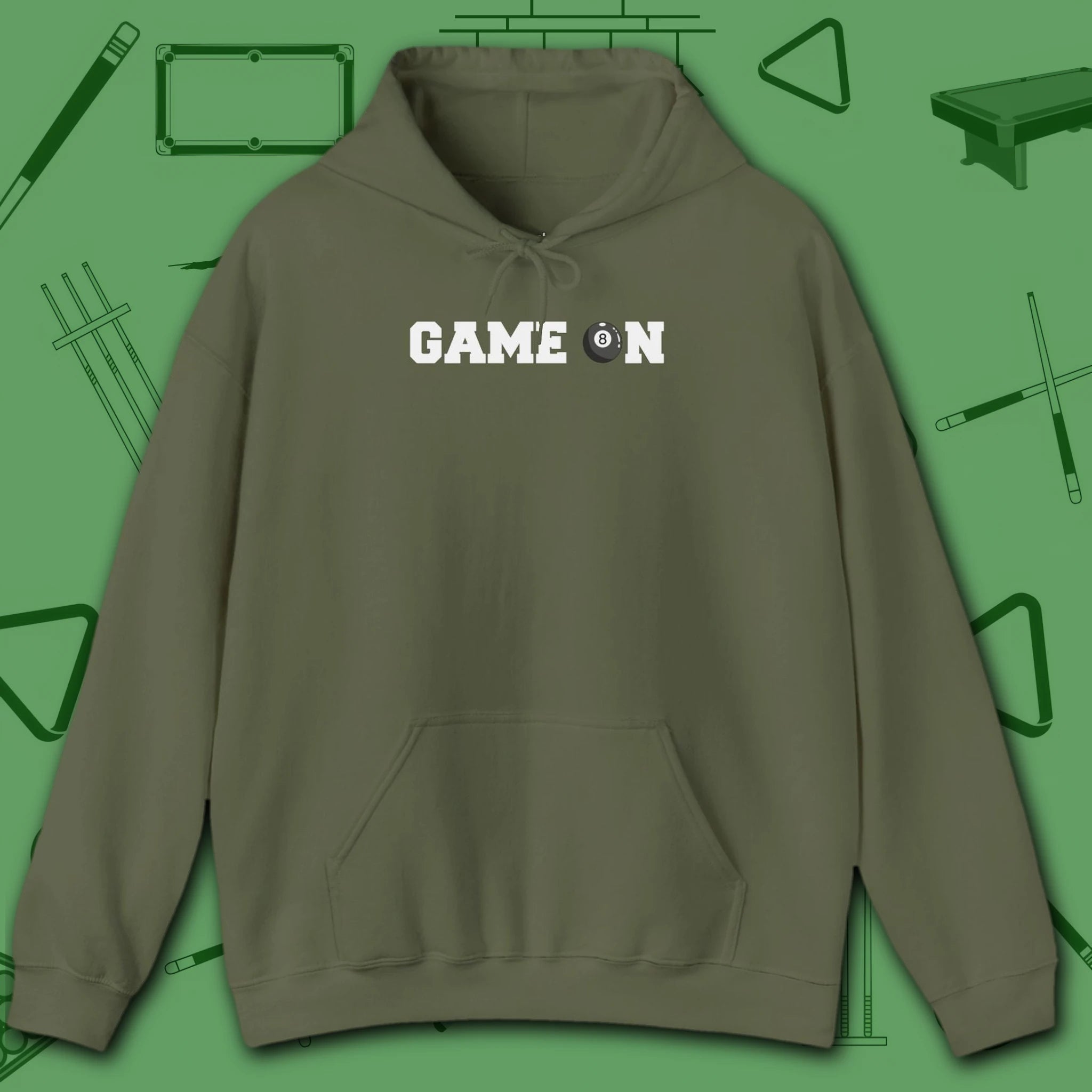 Game On Hoodie, in Military Green color, billiards shirt, front view