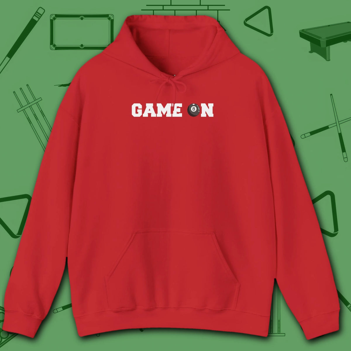 Game On Hoodie, in Red color, billiards shirt, front view