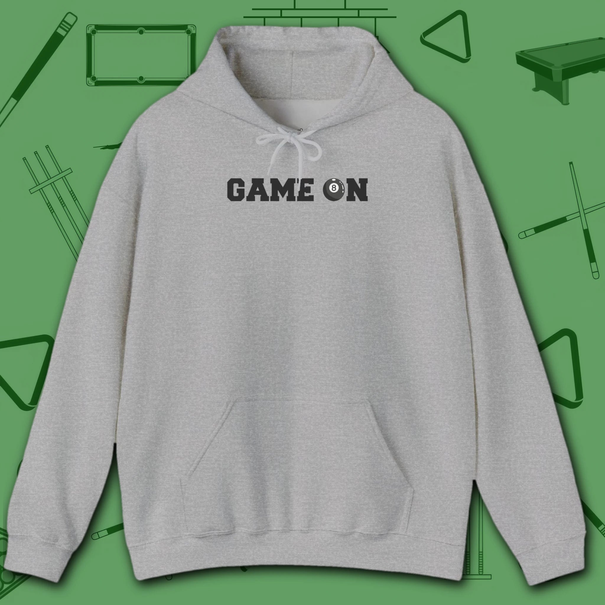 Game On Hoodie, in Sport Grey color, billiards shirt, front view