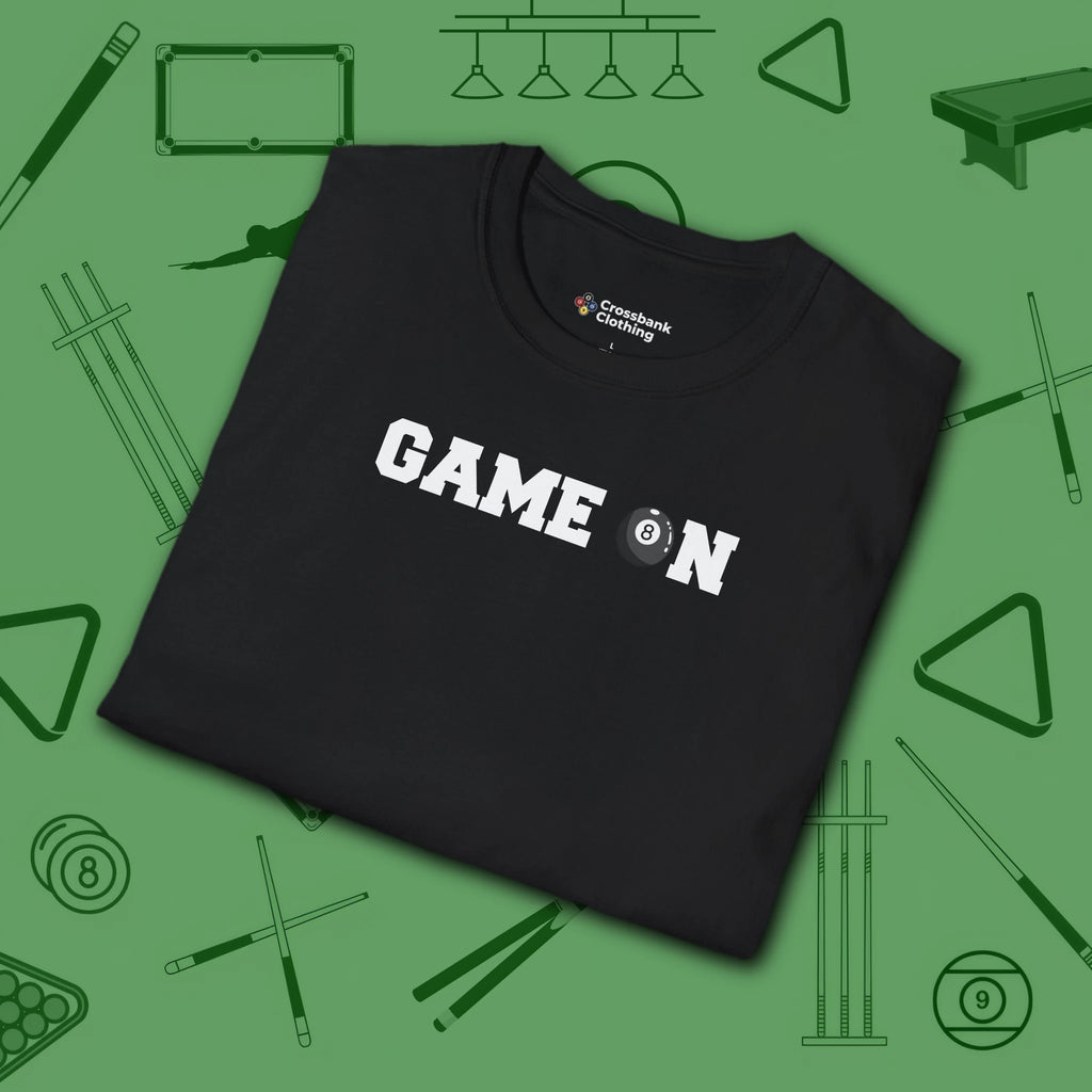 Game On T-Shirt, in Black color, billiards shirt, folded view
