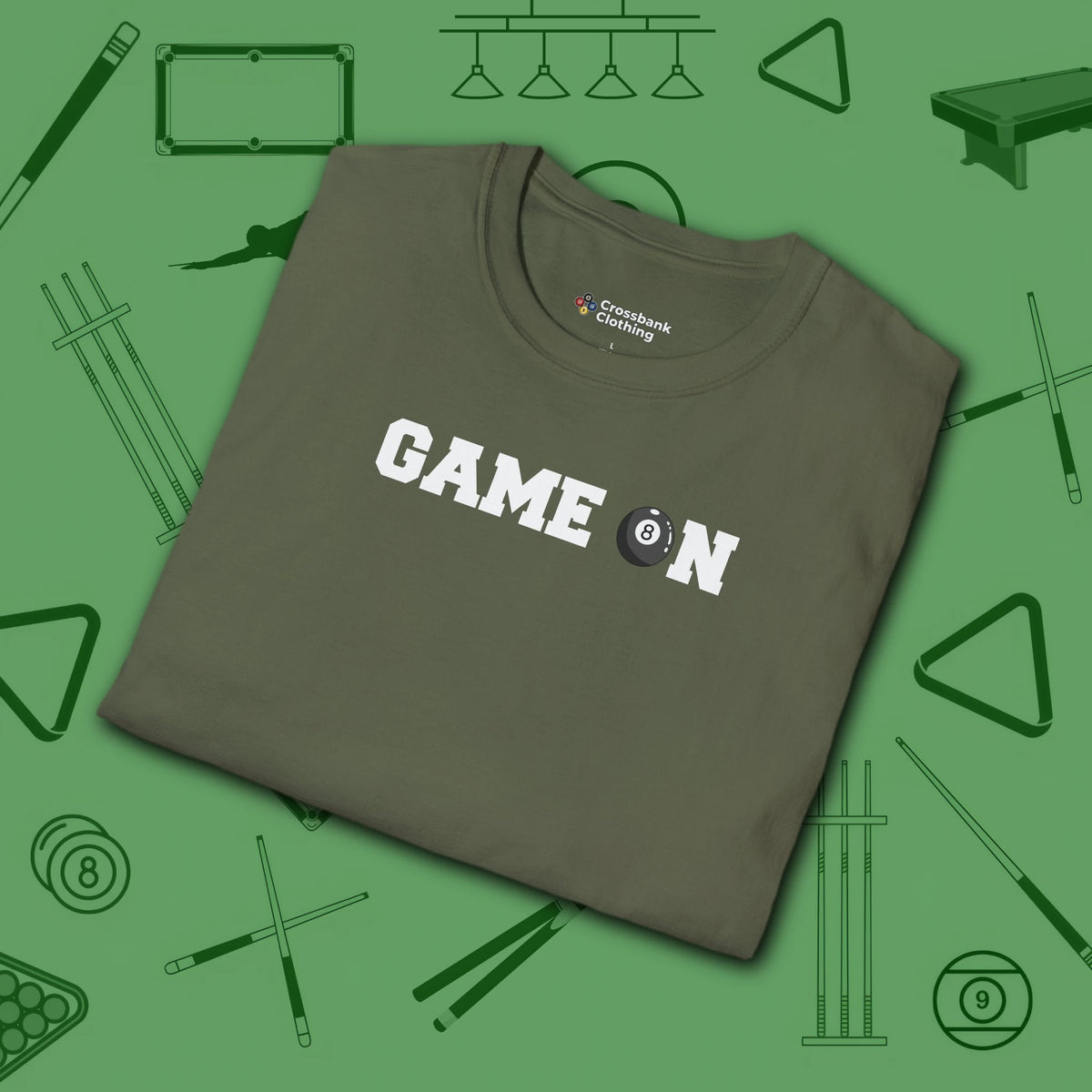 Game On T-Shirt, in Military Green color, billiards shirt, folded view