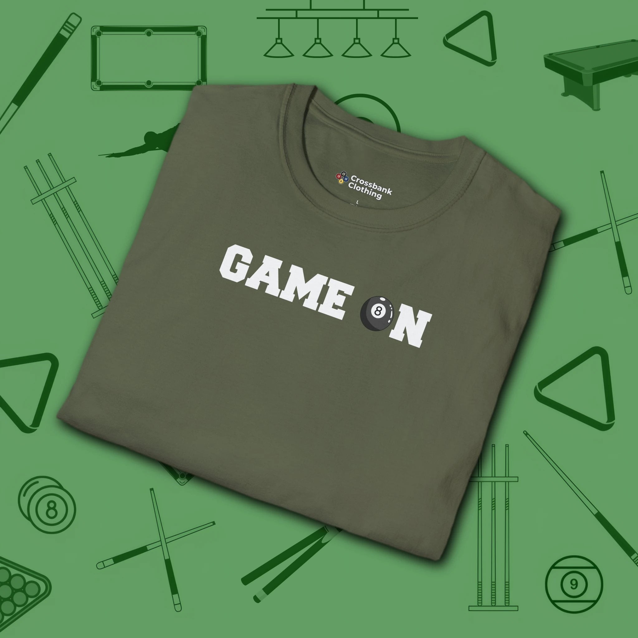 Game On T-Shirt, in Military Green color, billiards shirt, folded view