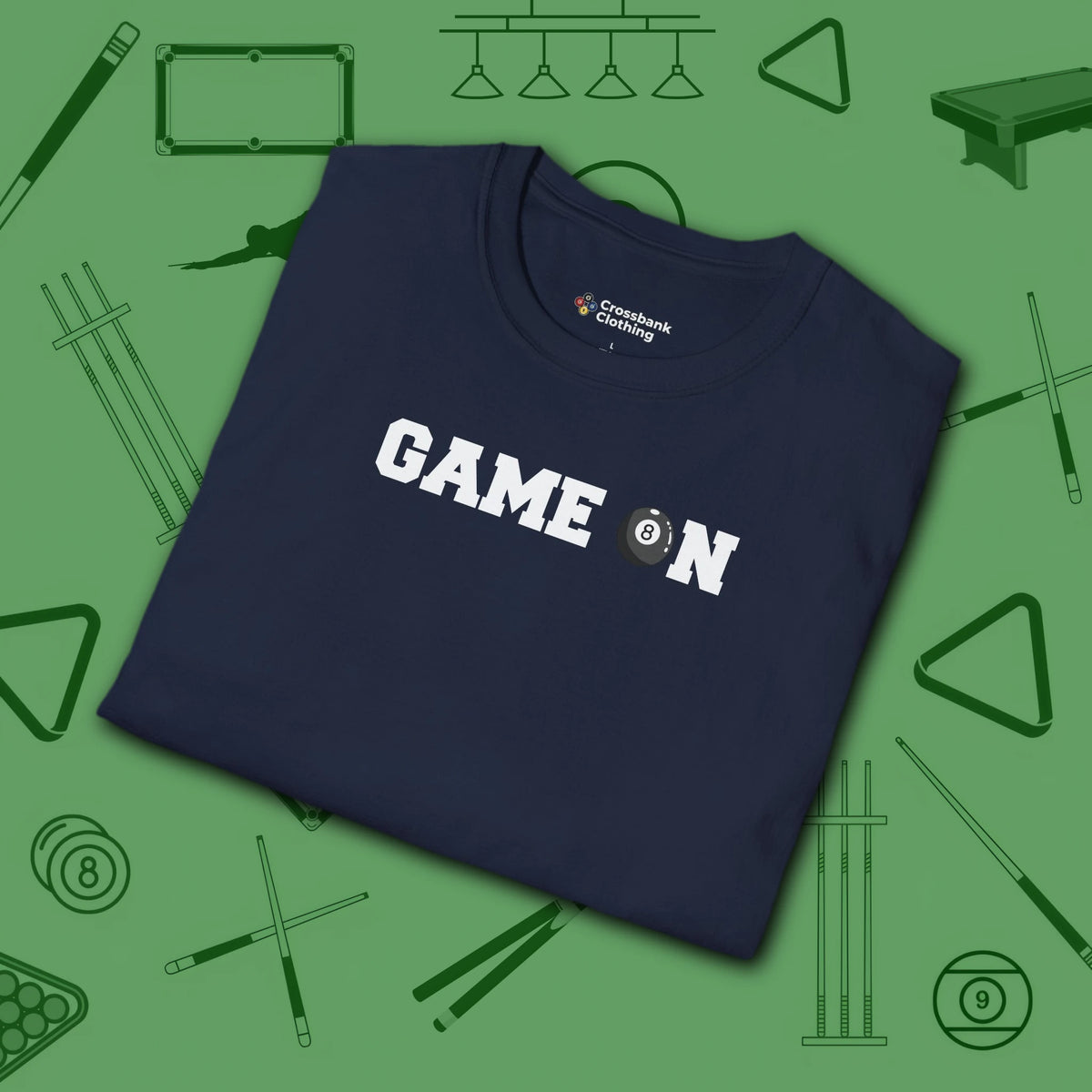 Game On T-Shirt, in Navy color, billiards shirt, folded view