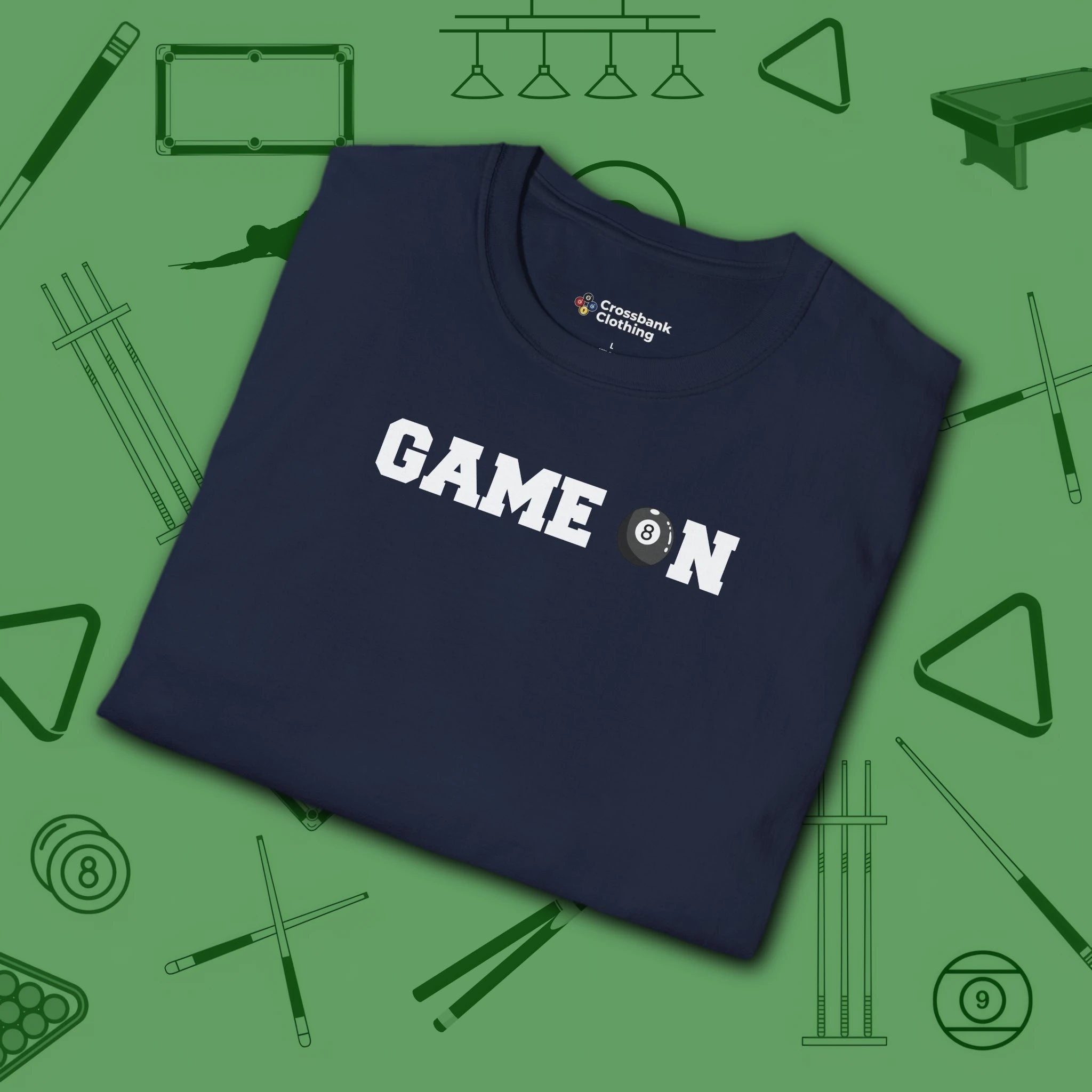 Game On T-Shirt, in Navy color, billiards shirt, folded view