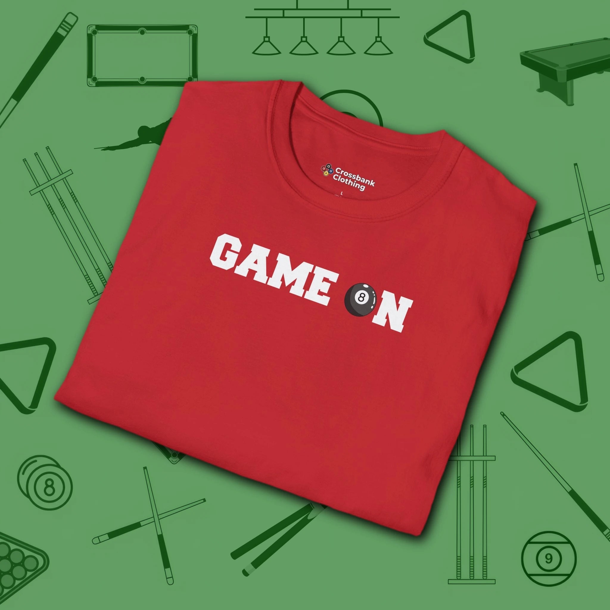 Game On T-Shirt, in Red color, billiards shirt, folded view