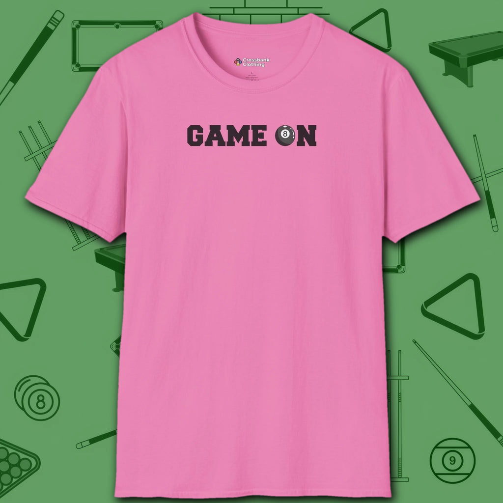 Game On T-Shirt, in Azalea color, billiards shirt, front view