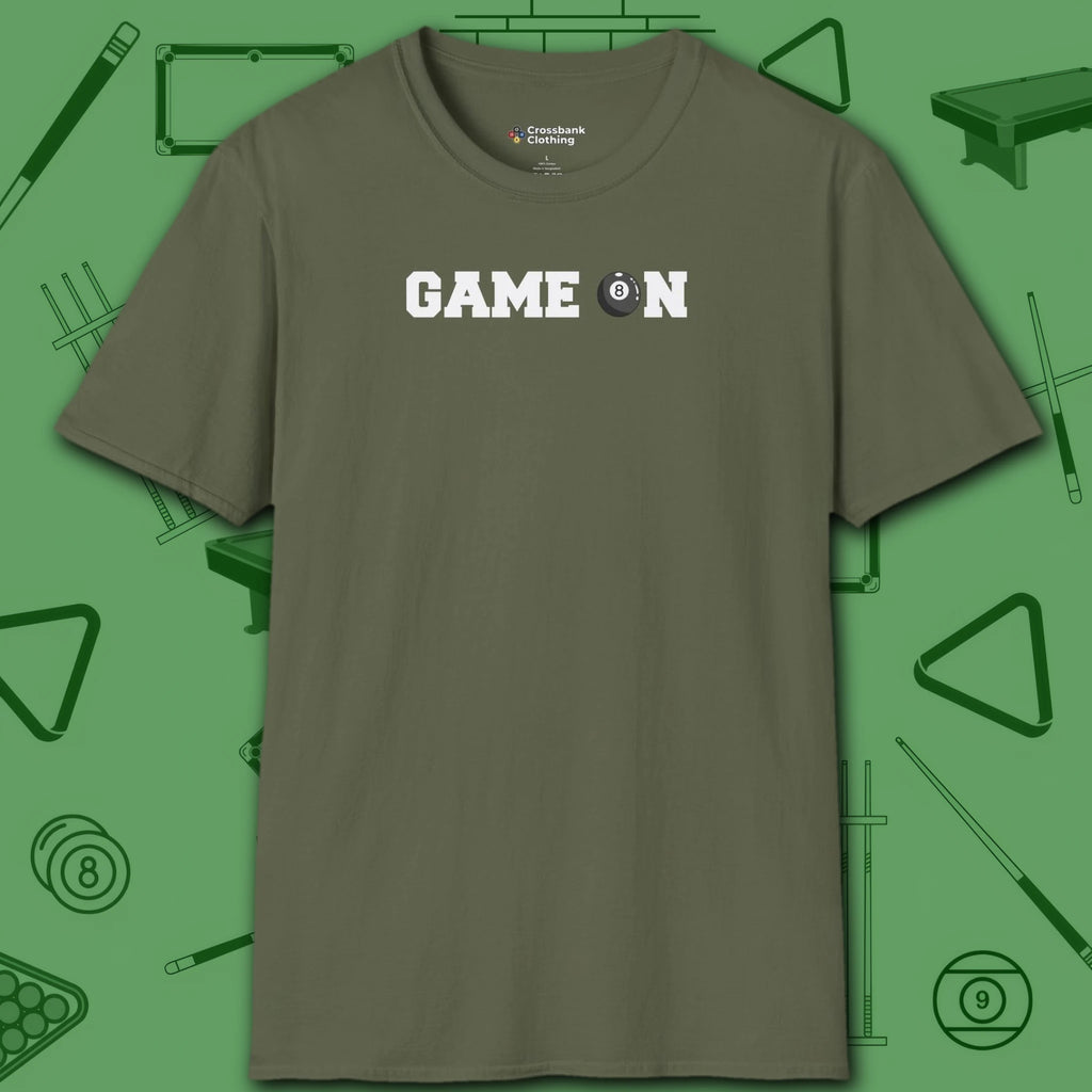 Game On T-Shirt, in Military Green color, billiards shirt, front view